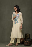Hand Made Pure Jamdani Floral Soft and Fine Cotton Kurta with Pant and Dupatta PA 31