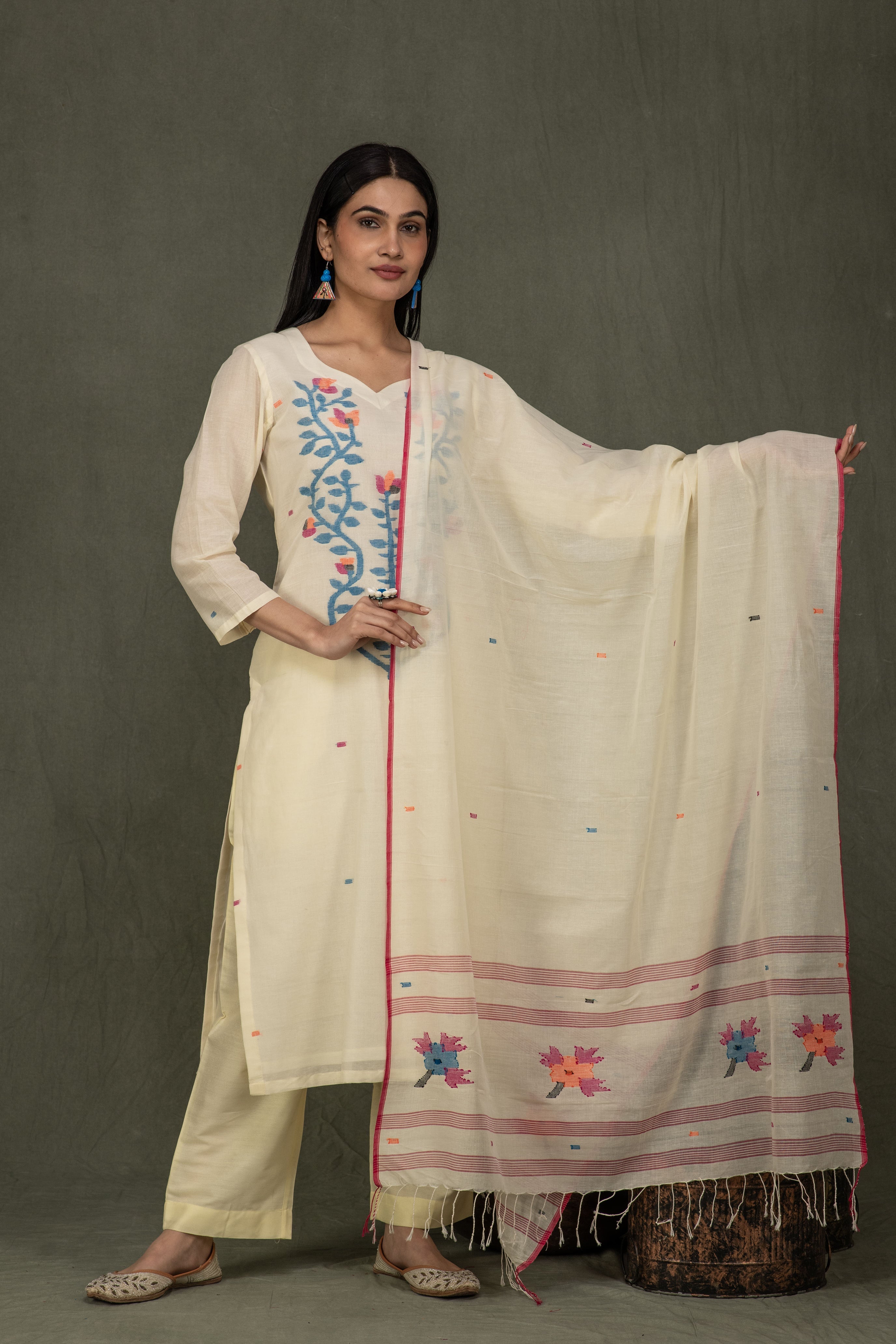 Hand Made Pure Jamdani Floral Soft and Fine Cotton Kurta with Pant and Dupatta PA 31