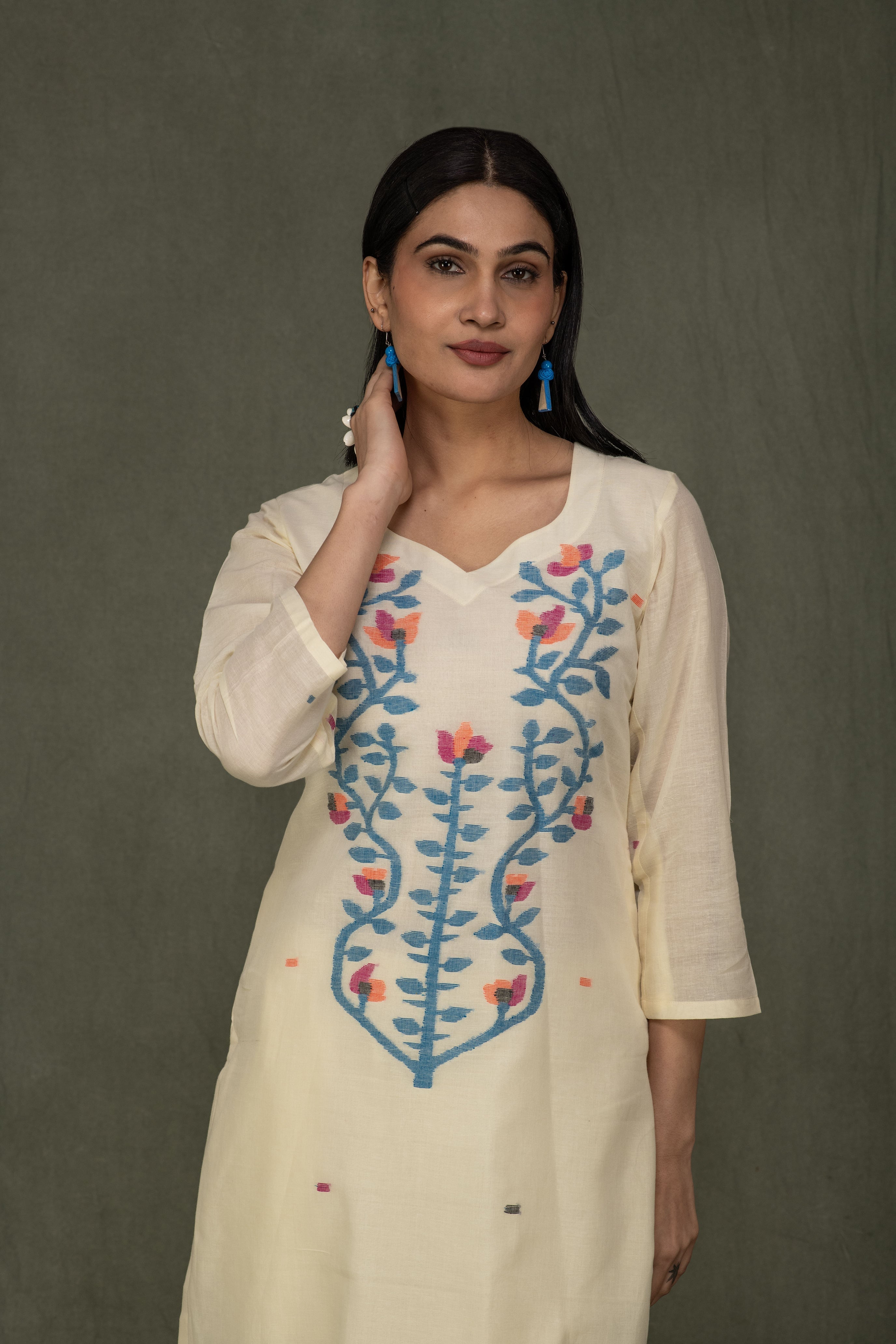 Hand Made Pure Jamdani Floral Soft and Fine Cotton Kurta with Pant and Dupatta PA 31