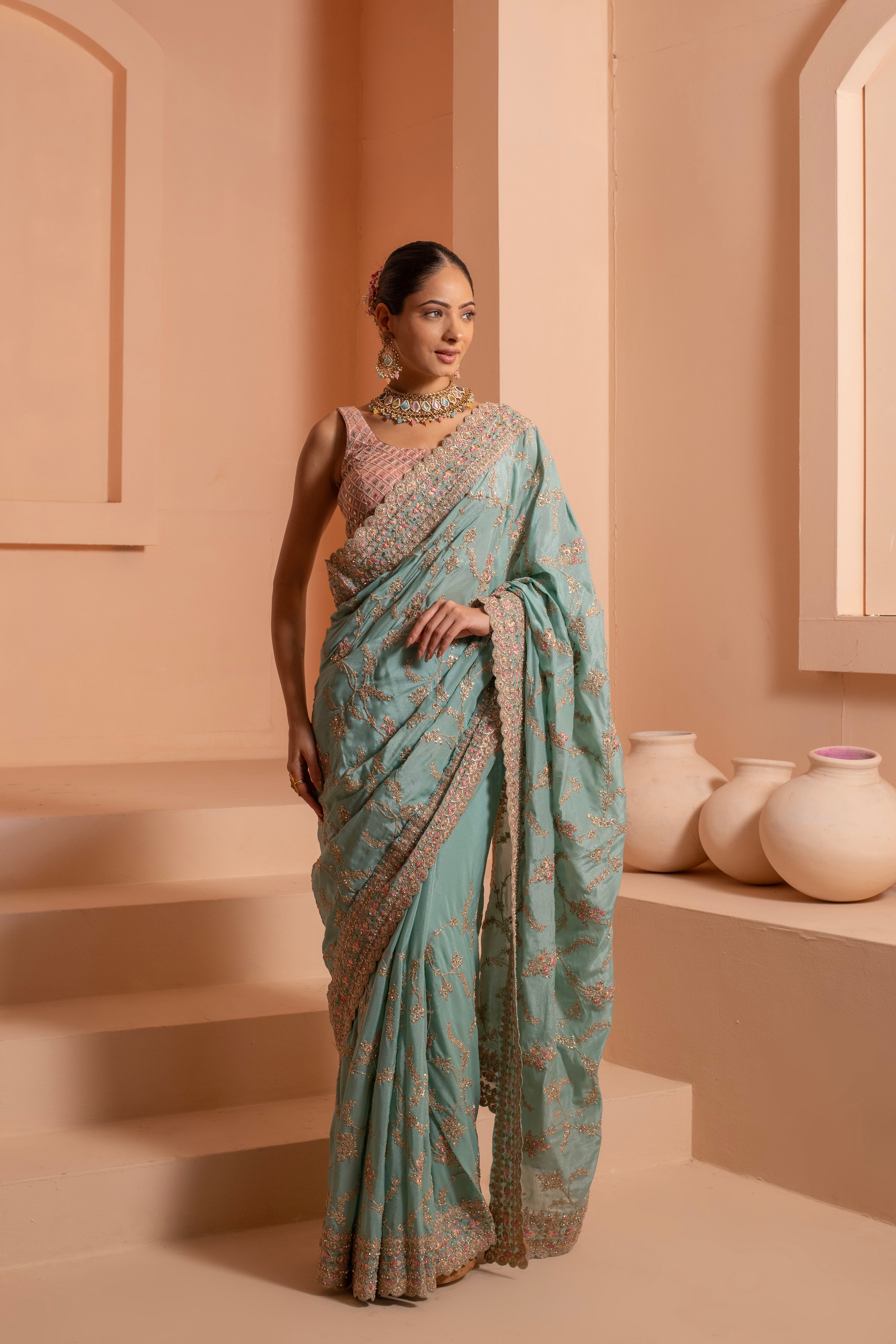 Whimsical fusion saree with opulent embellishment