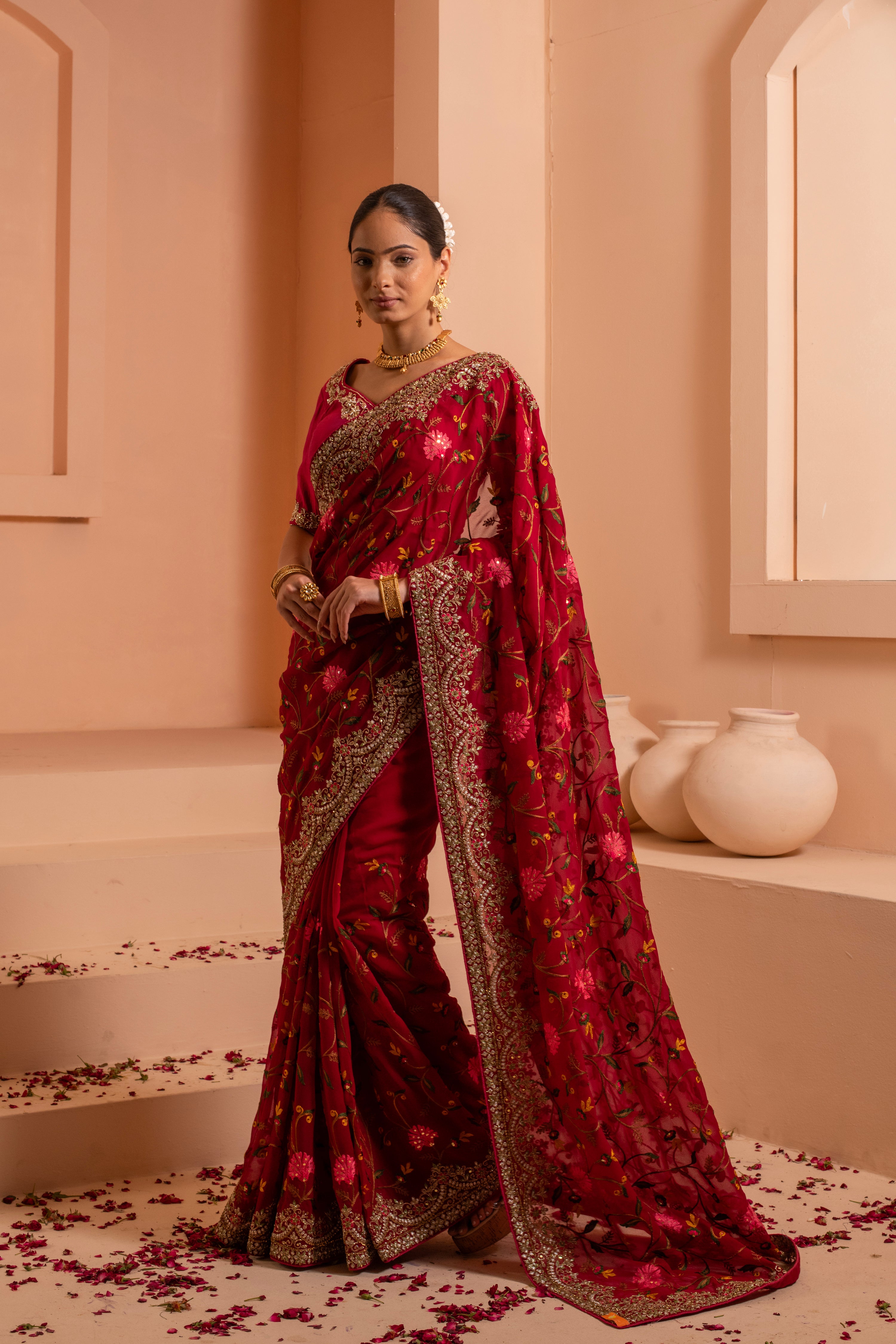Scarlet spendor saree for a bold red saree with intricate embroidery
