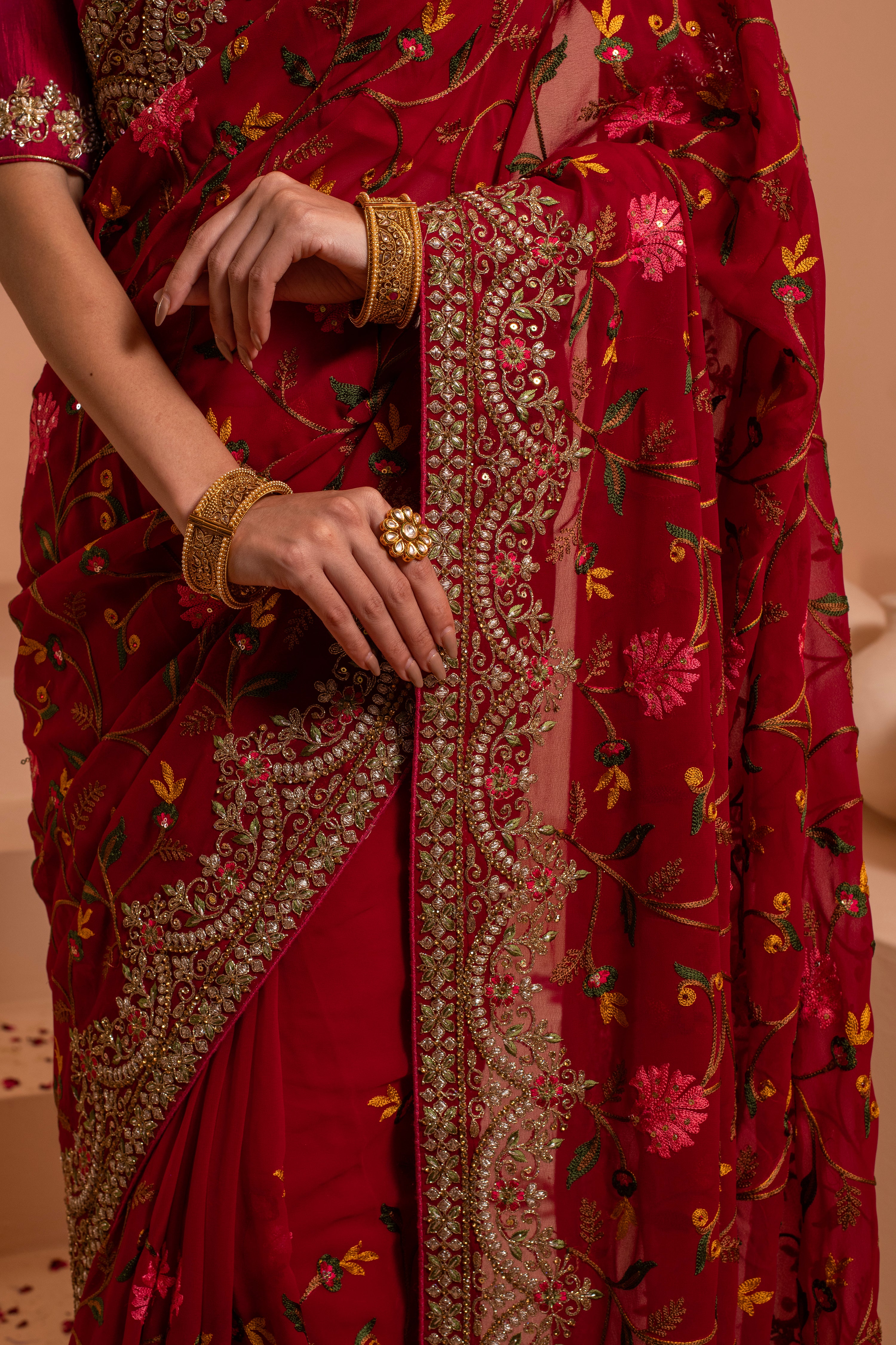 Scarlet spendor saree for a bold red saree with intricate embroidery