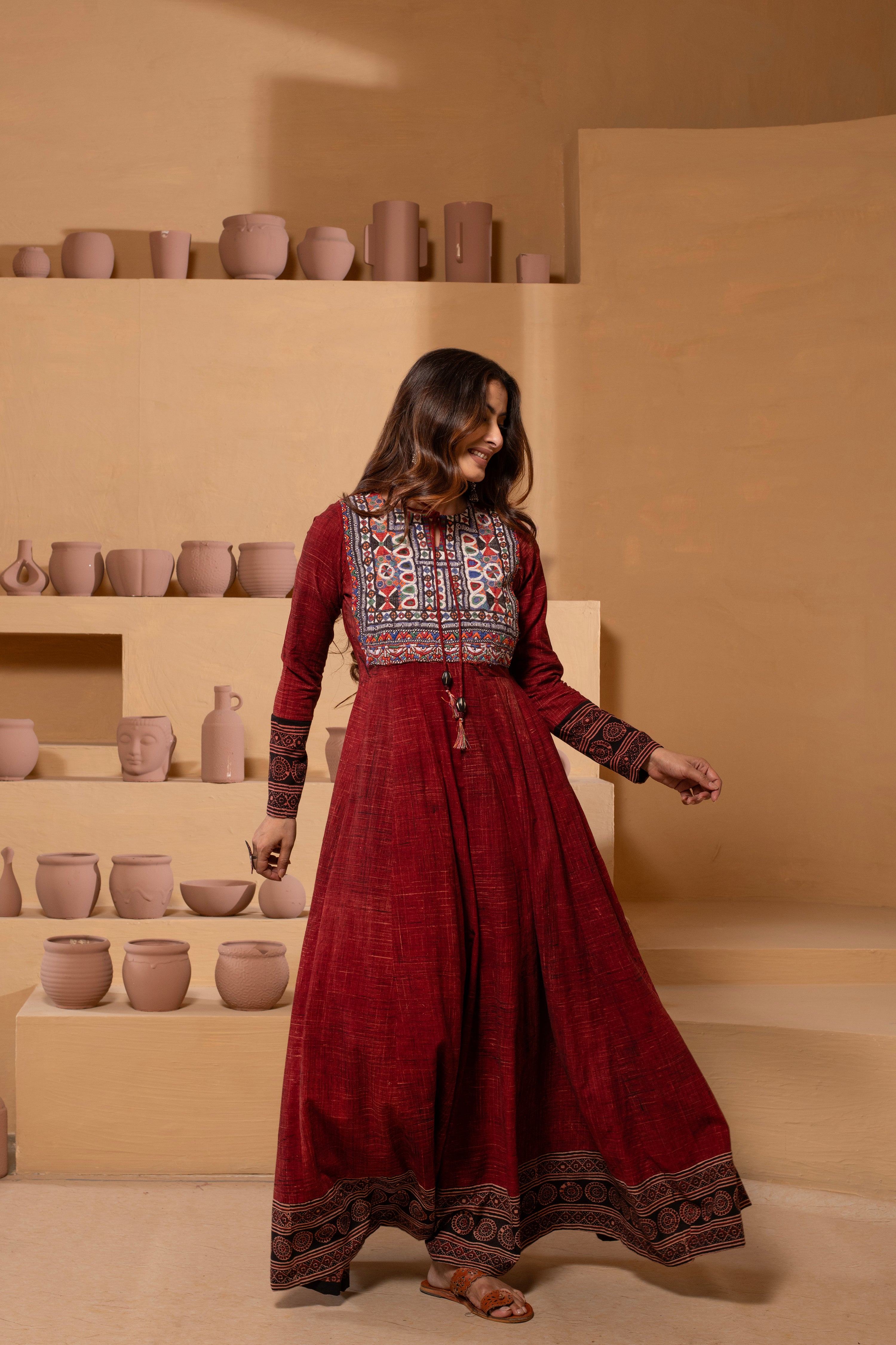 Ajrakh Handblock Pure Textured Cotton Flared Anarkali AJ10