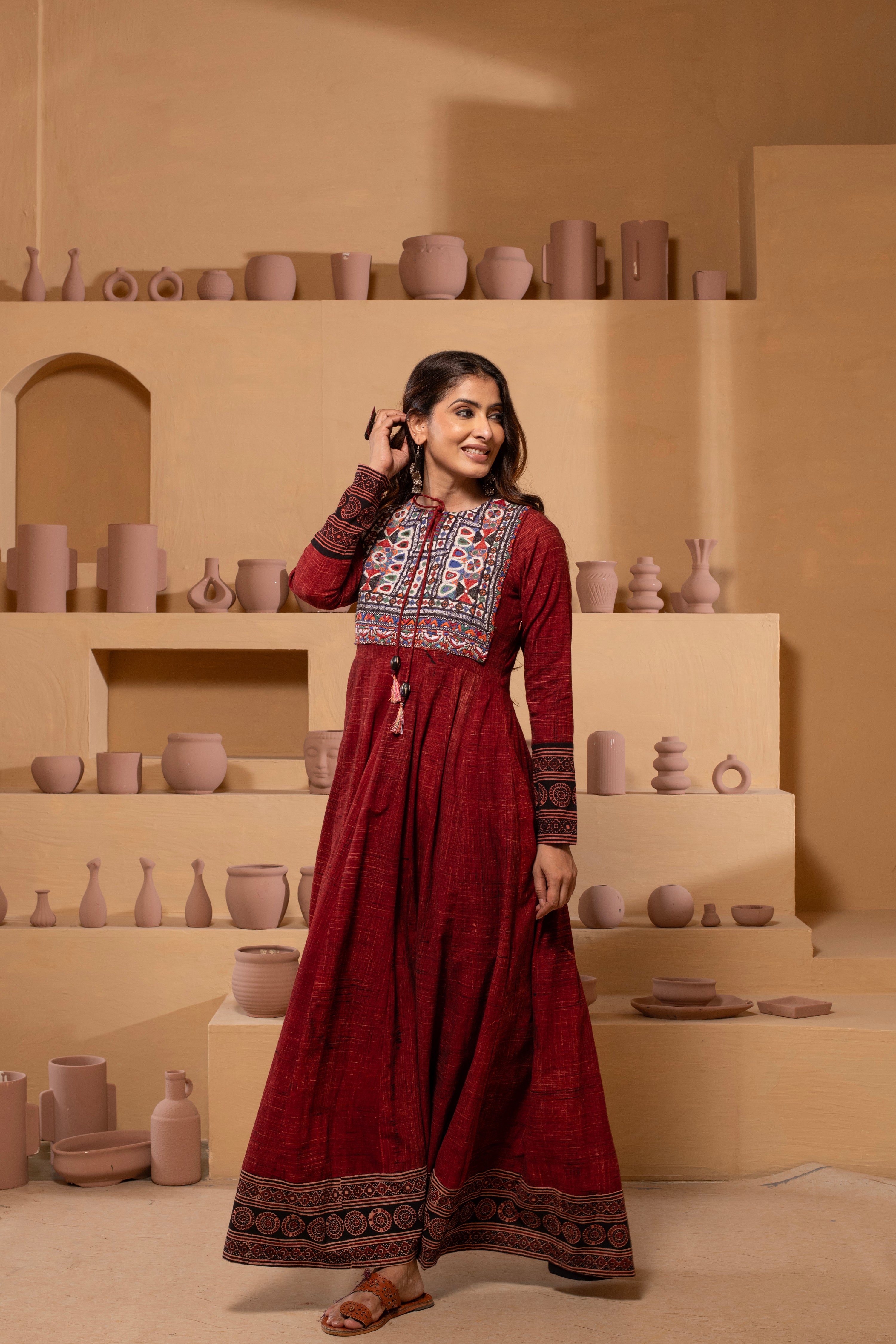 Ajrakh Handblock Pure Textured Cotton Flared Anarkali AJ10