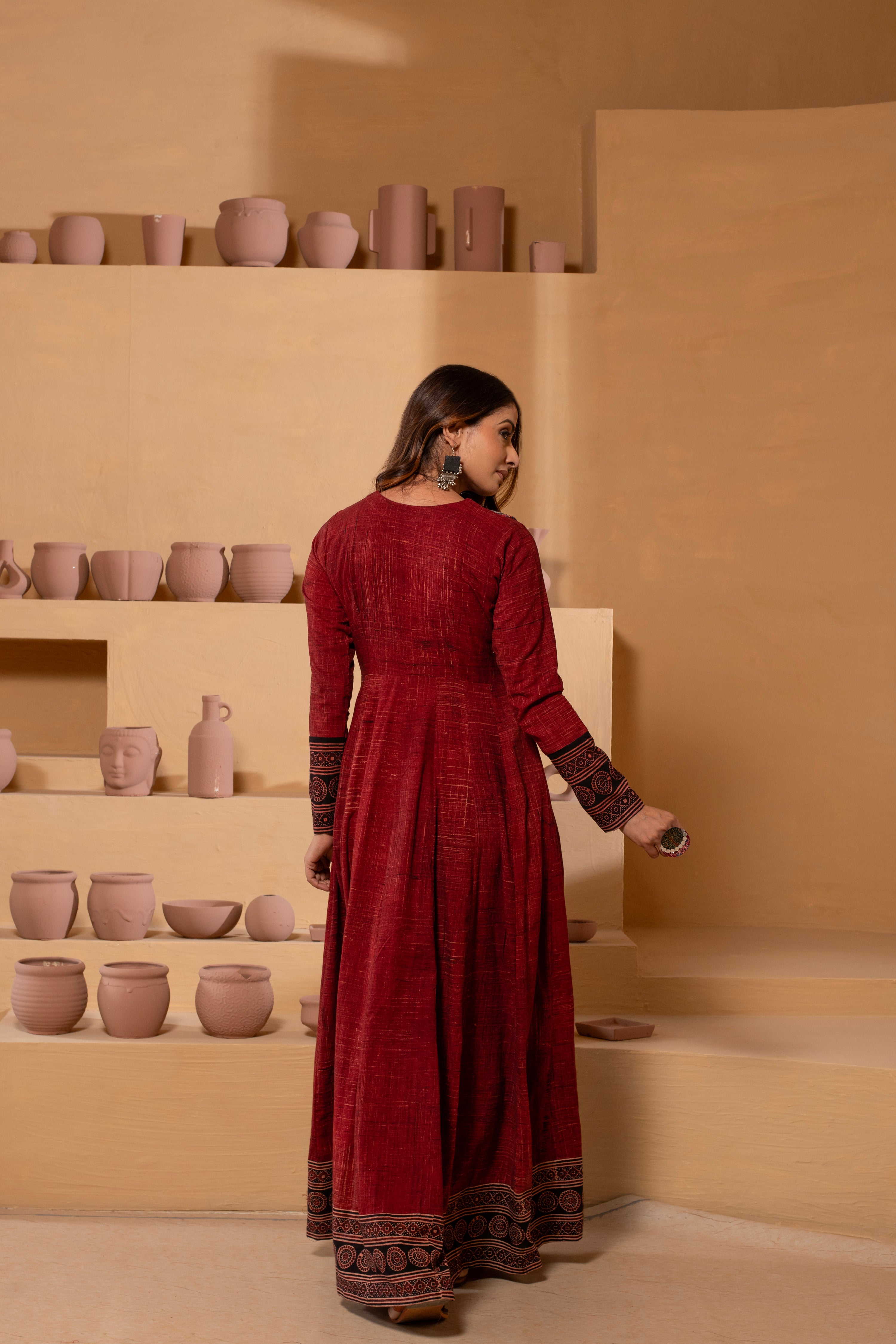 Ajrakh Handblock Pure Textured Cotton Flared Anarkali AJ10