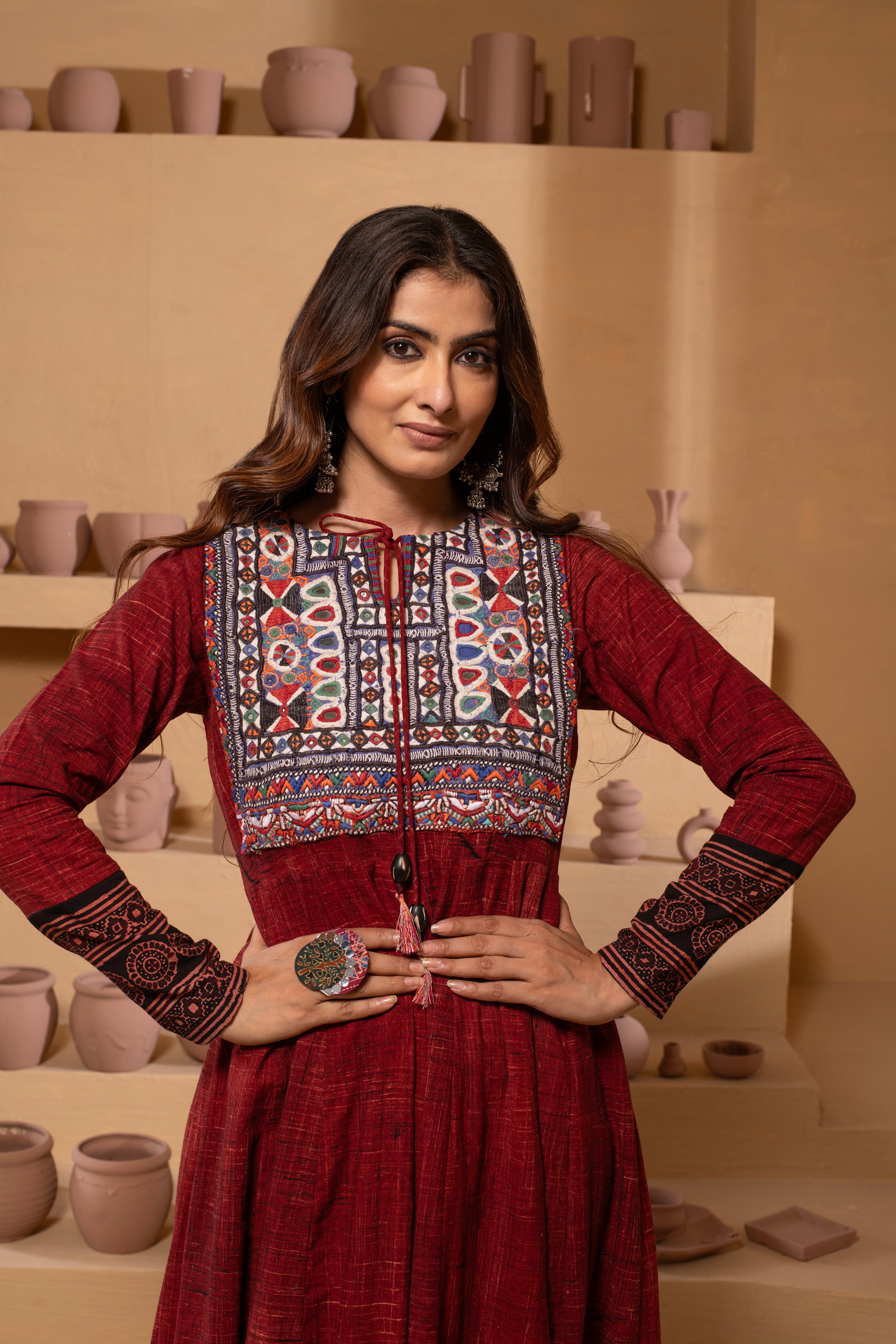Ajrakh Handblock Pure Textured Cotton Flared Anarkali AJ10