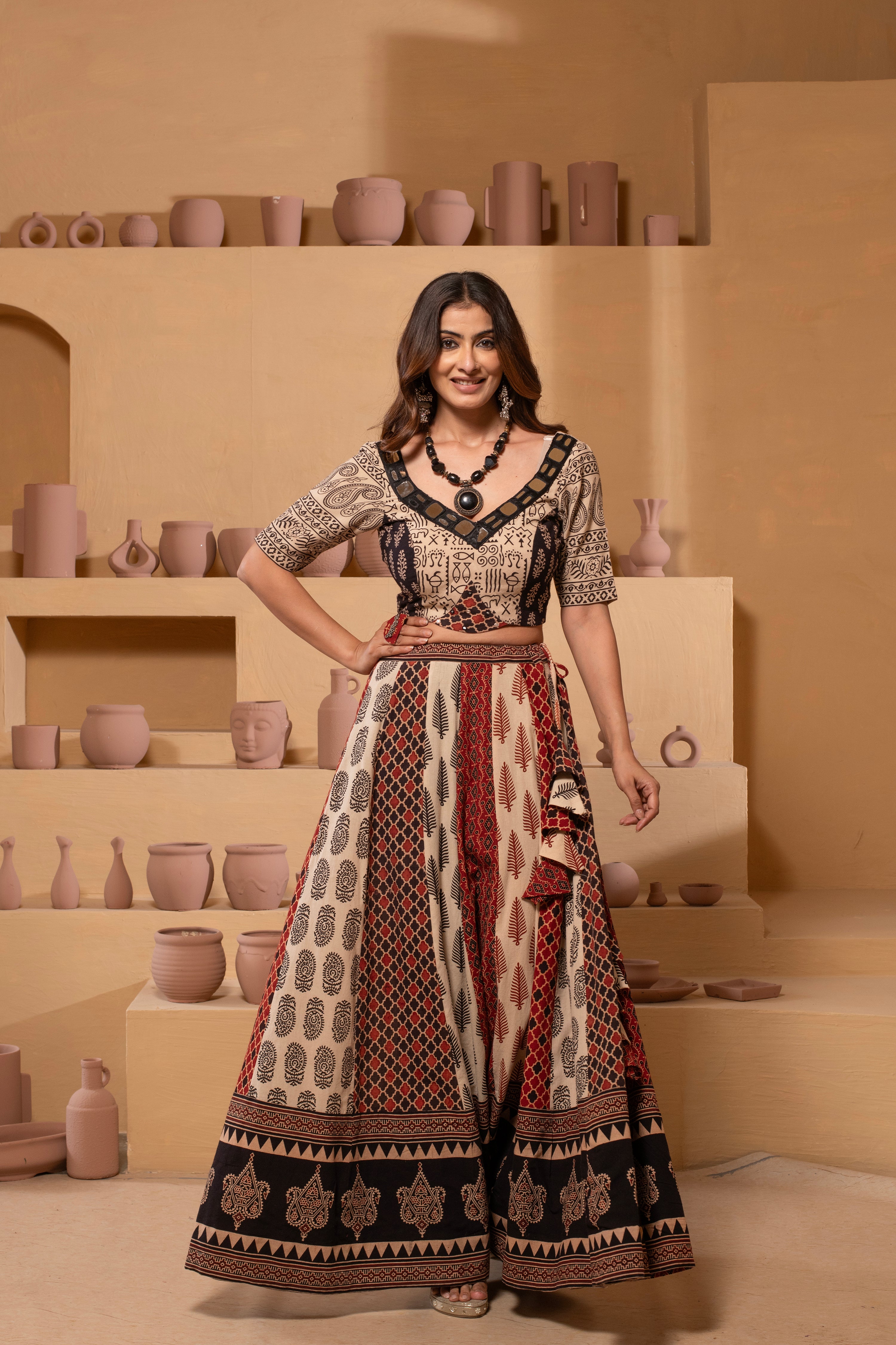 Ajrakh handblock Pure Cotton Flaired Lehnga Set AJ27