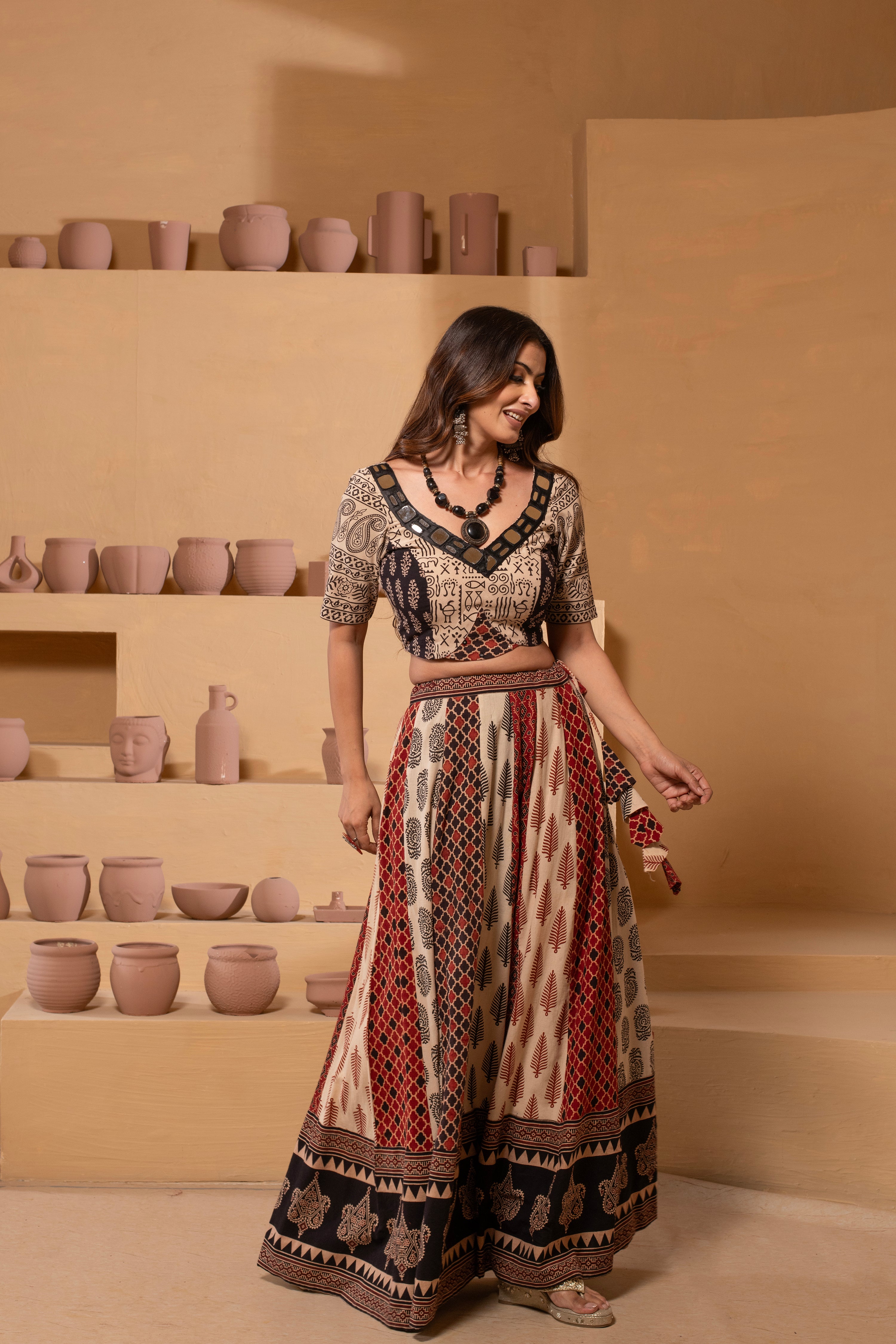 Ajrakh handblock Pure Cotton Flaired Lehnga Set AJ27
