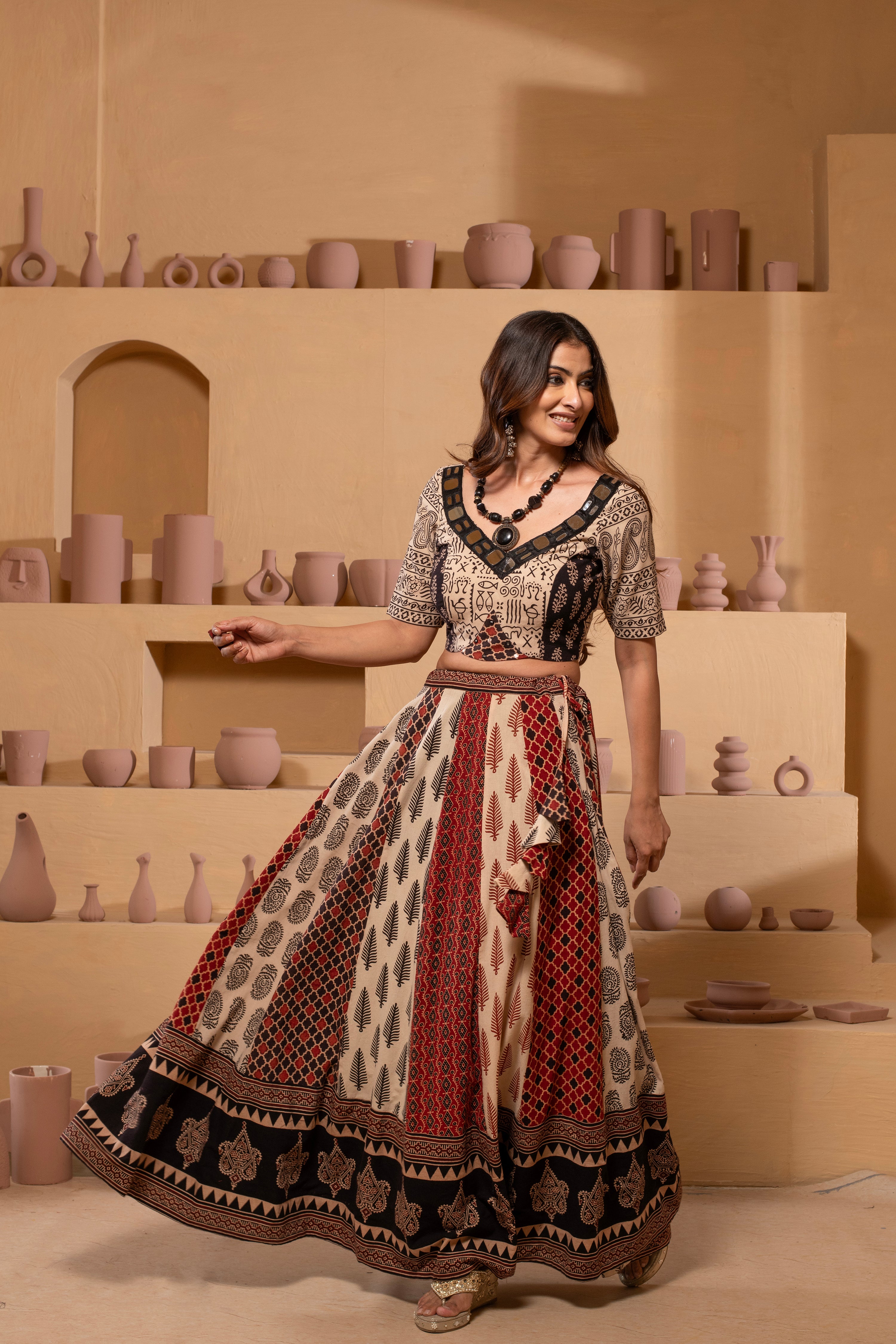Ajrakh handblock Pure Cotton Flaired Lehnga Set AJ27