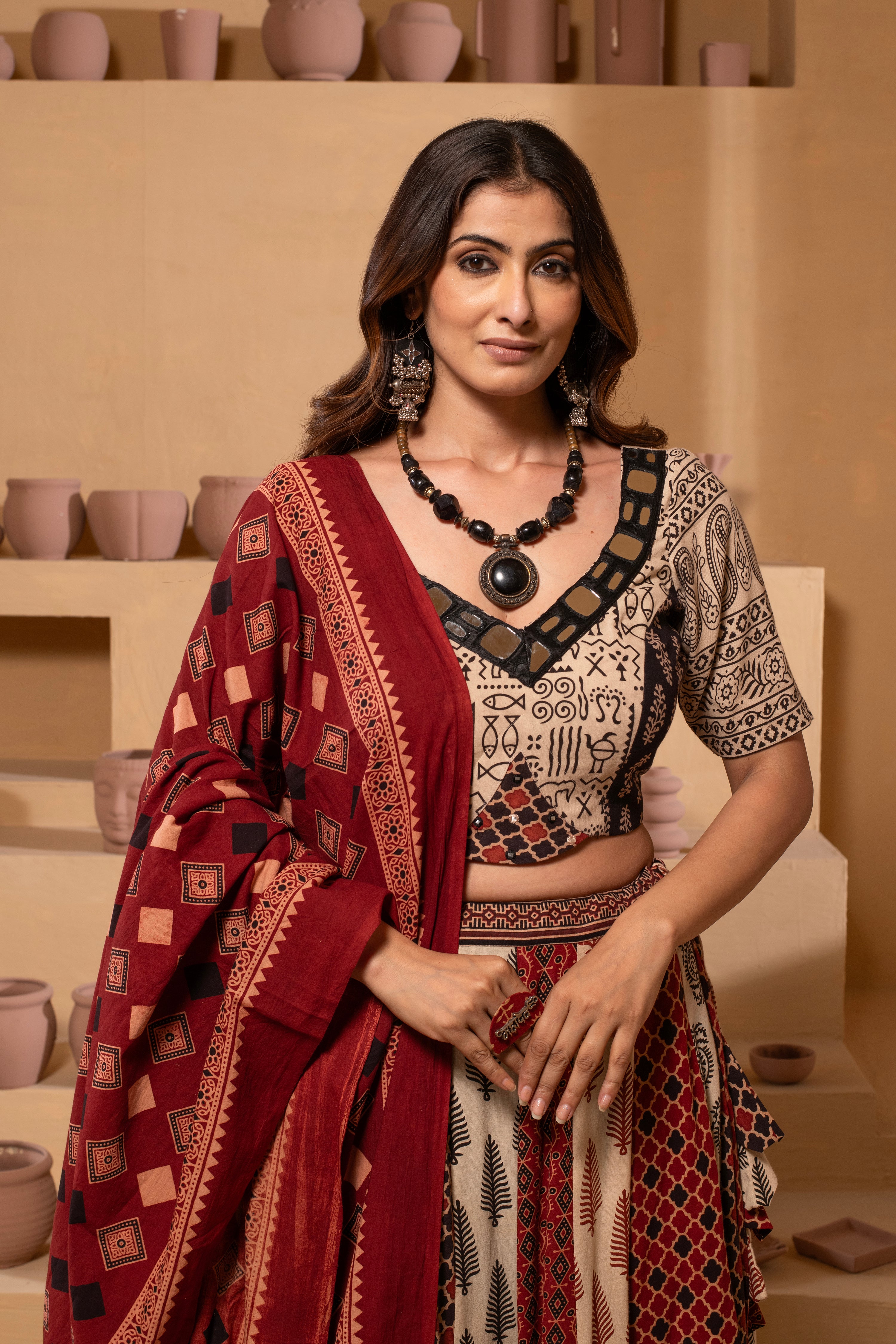 Ajrakh handblock Pure Cotton Flaired Lehnga Set AJ27
