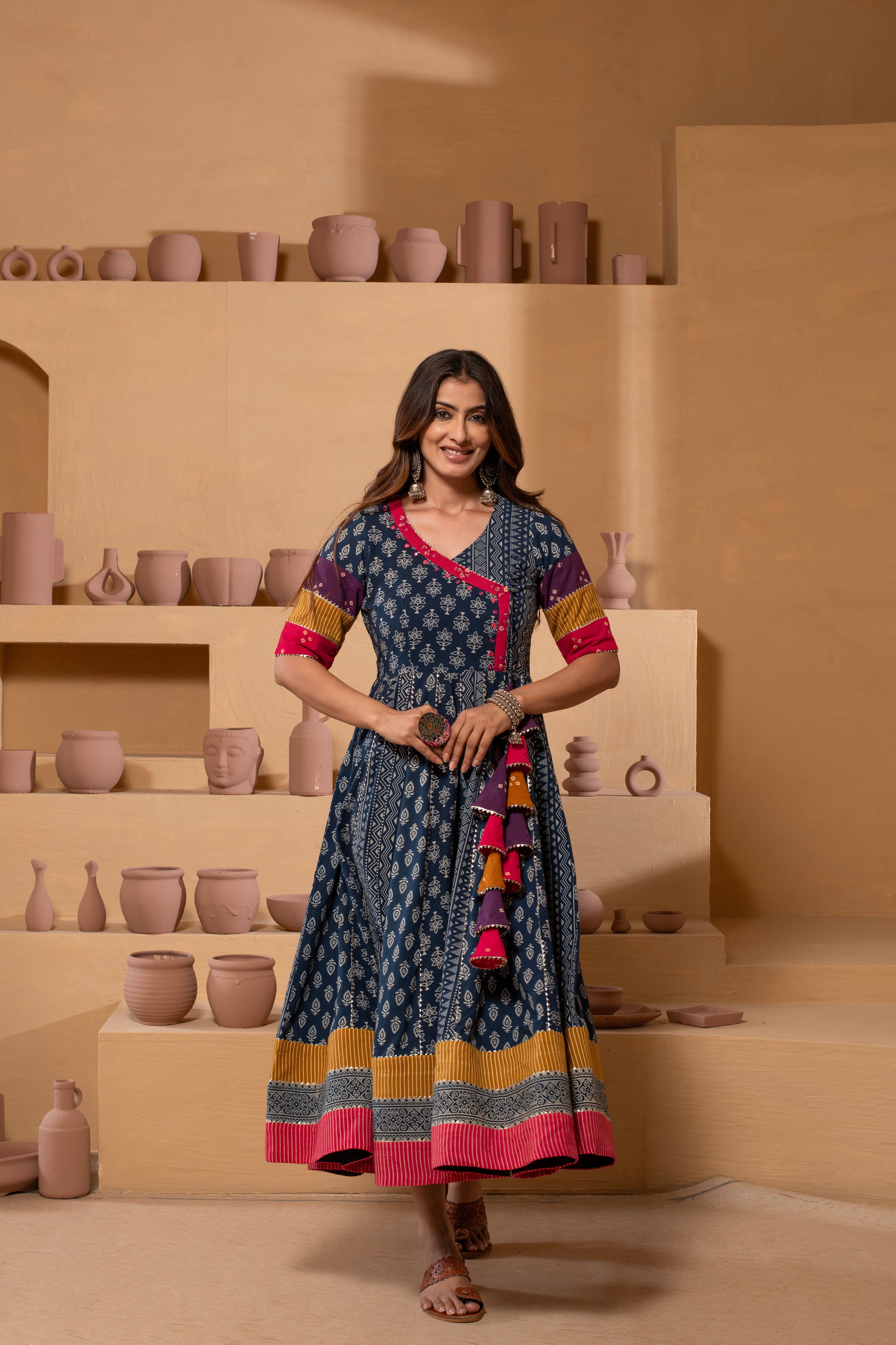 Ajrakh Handblock Pure Cotton Flaired Anarkali .