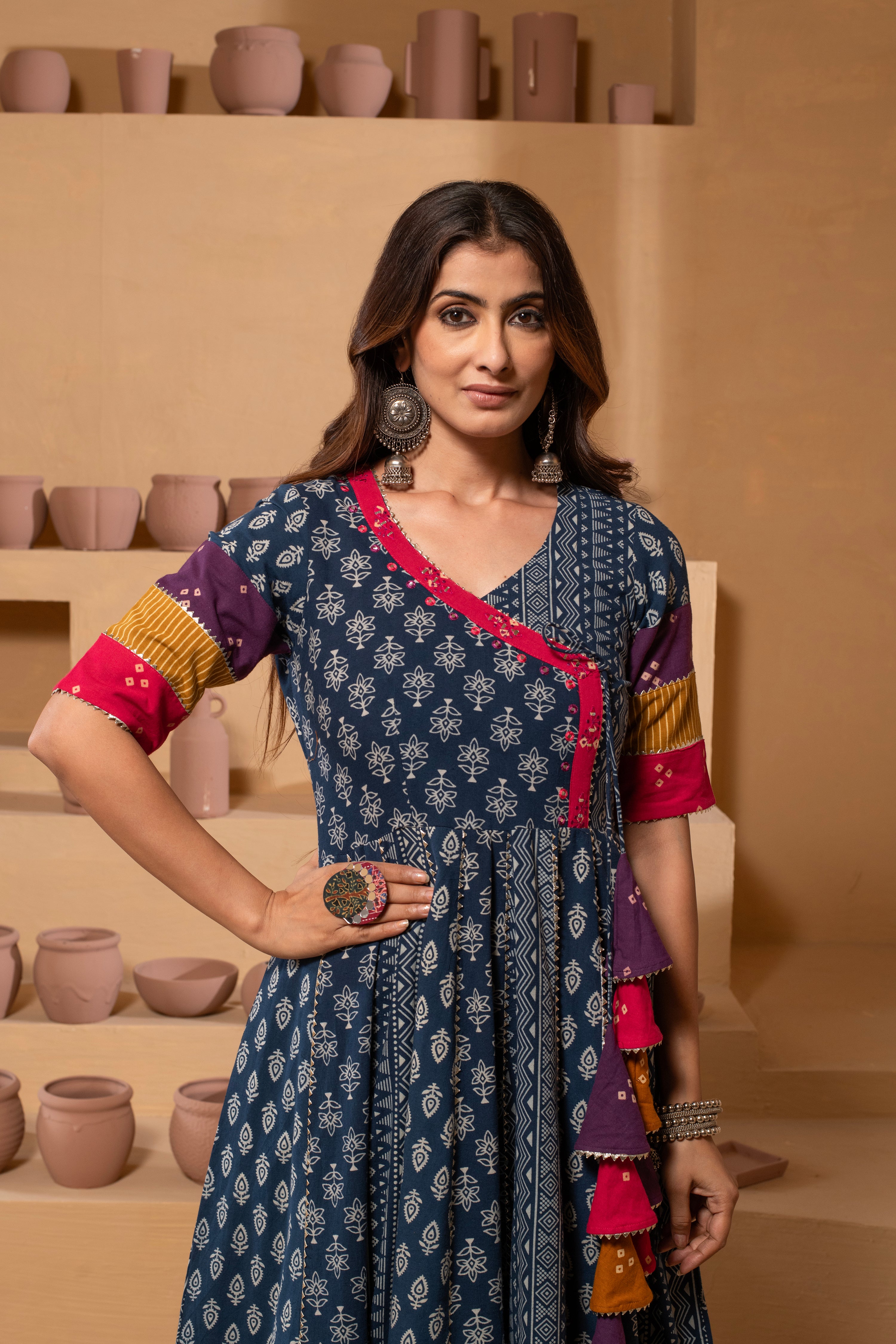 Ajrakh Handblock Pure Cotton Flaired Anarkali .