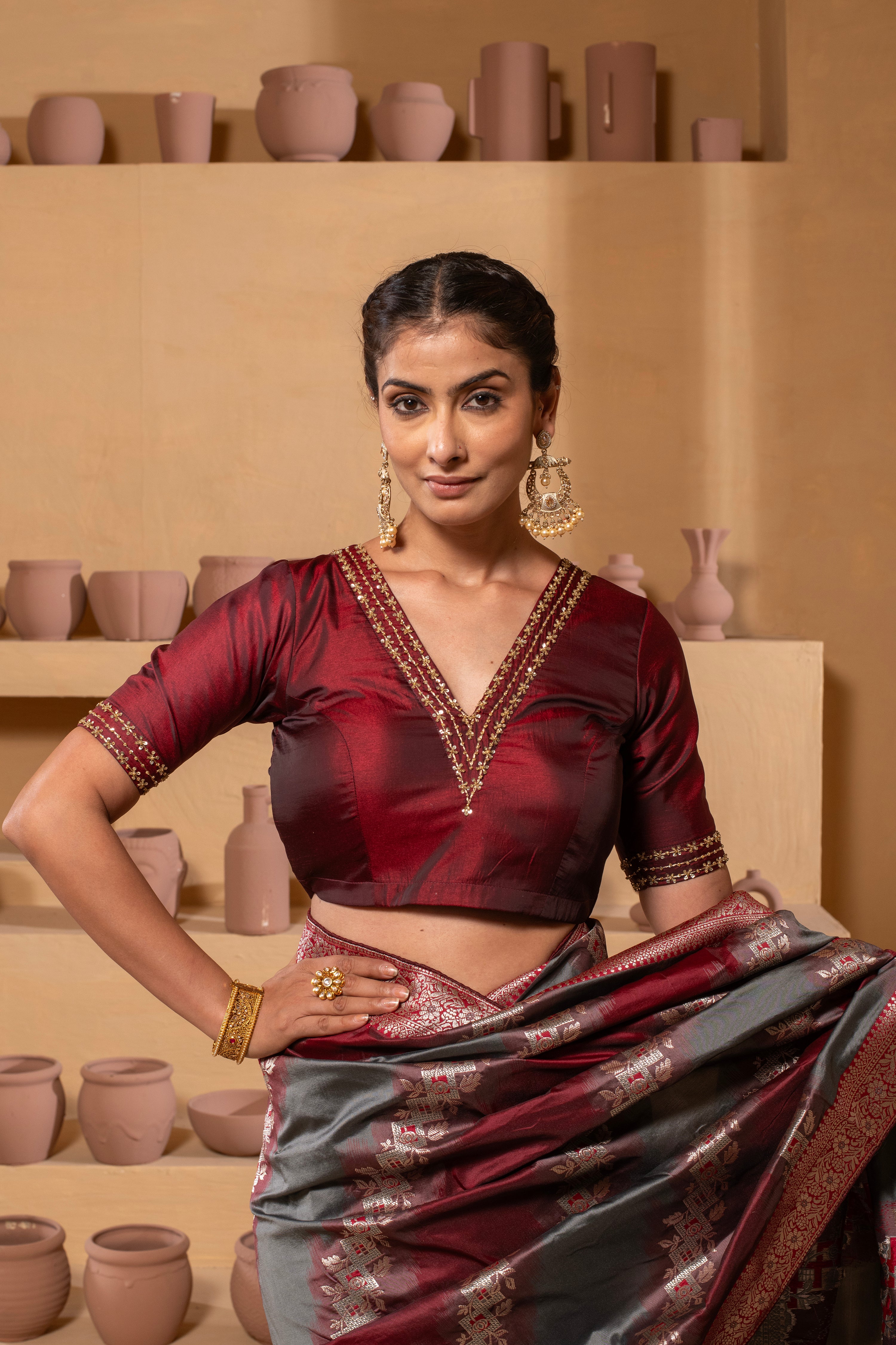 Silk blouse with embroidered back with a boori design