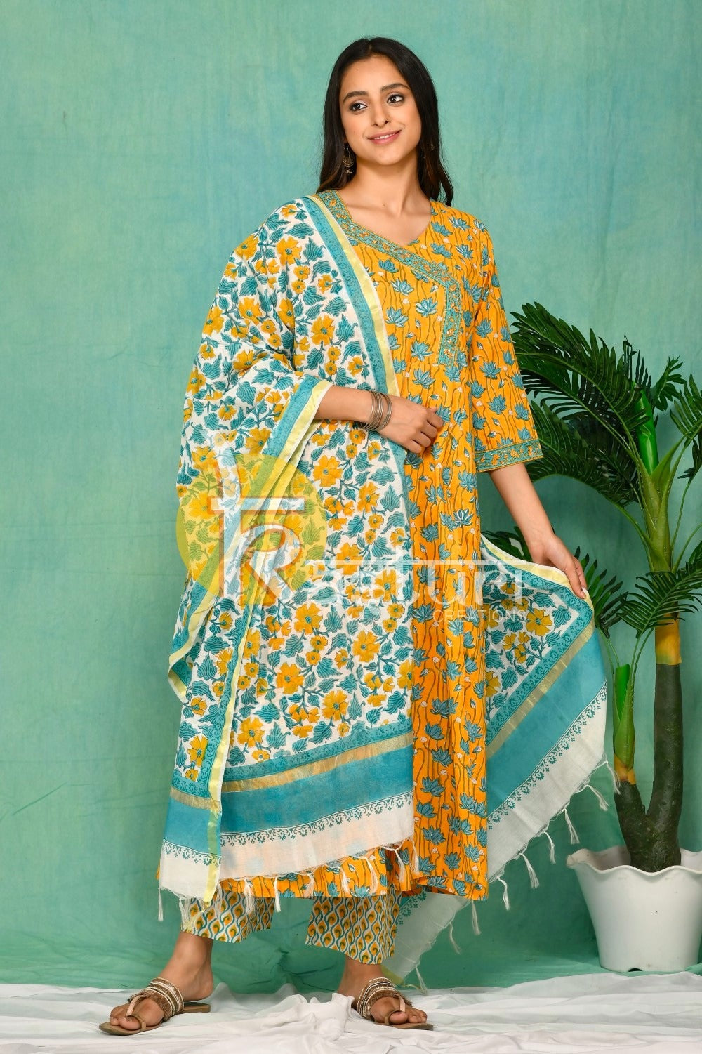Mustard and blue floral printed kurta with pant set JOLLY21