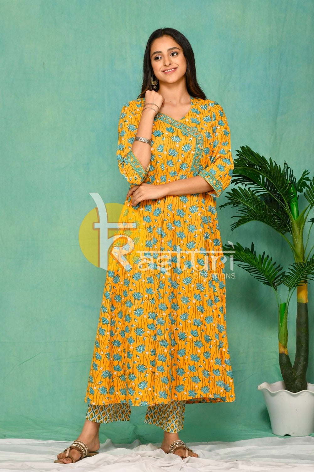 Mustard and blue floral printed kurta with pant set JOLLY21