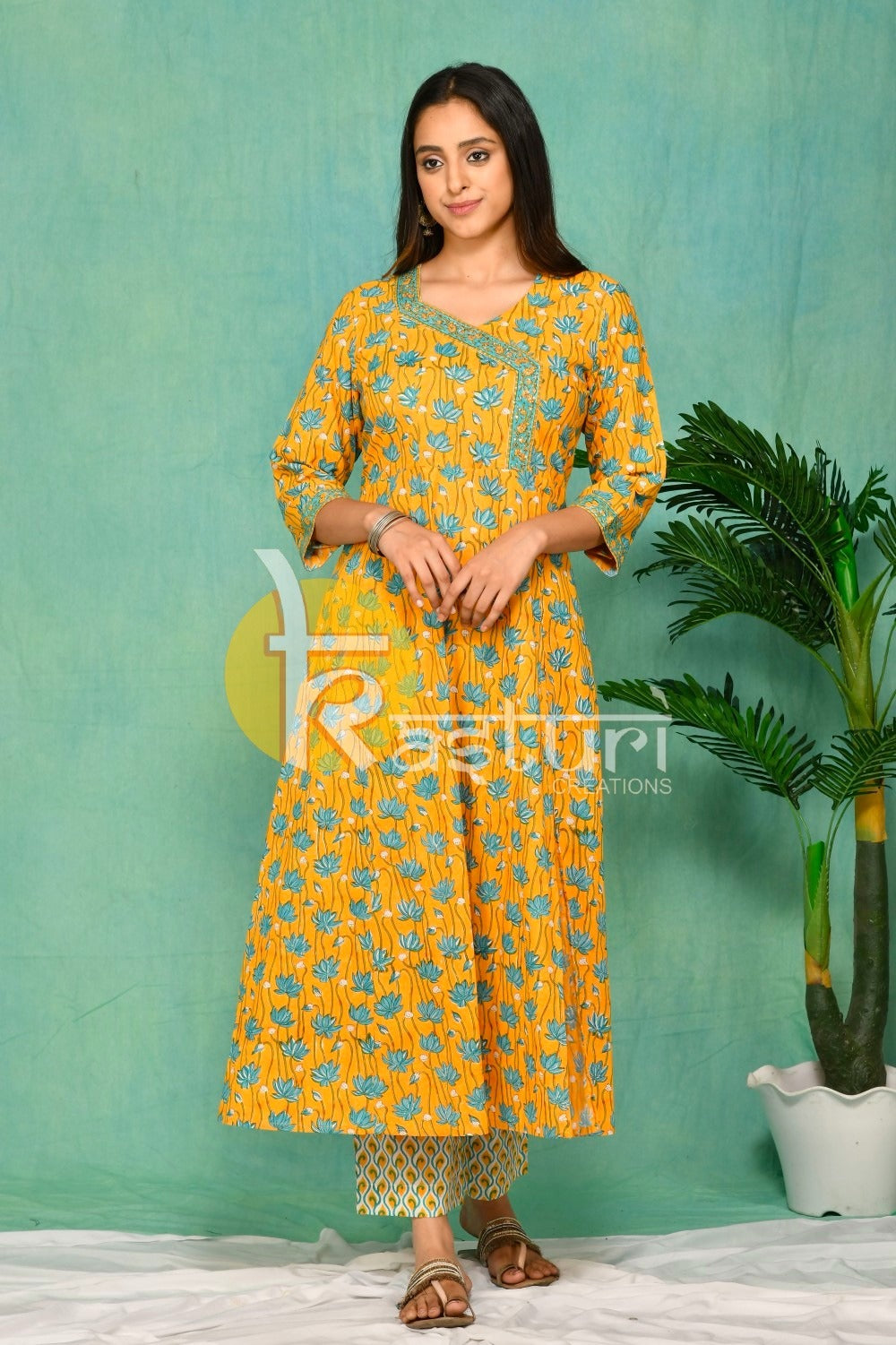 Mustard and blue floral printed kurta with pant set JOLLY21