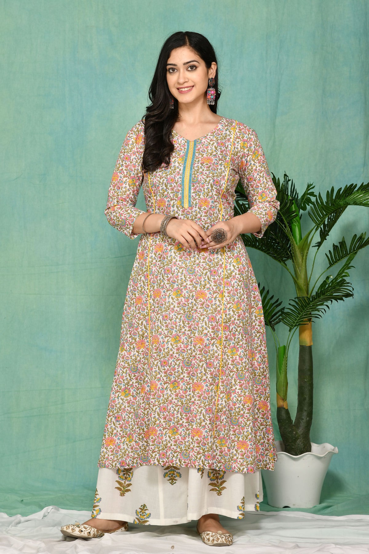 White multi color floral printed kurta and palazzo set JOLLY18