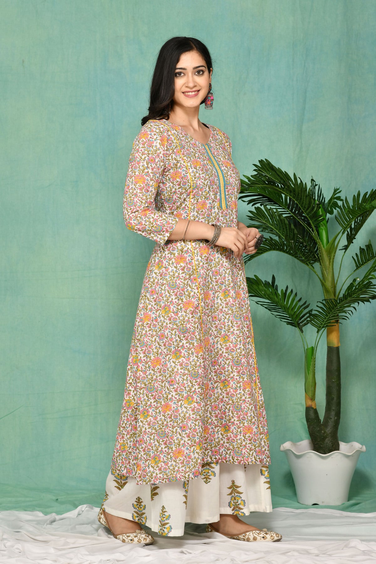 White multi color floral printed kurta and palazzo set JOLLY18