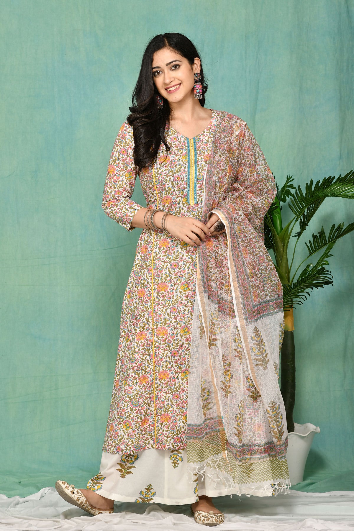White multi color floral printed kurta and palazzo set JOLLY18