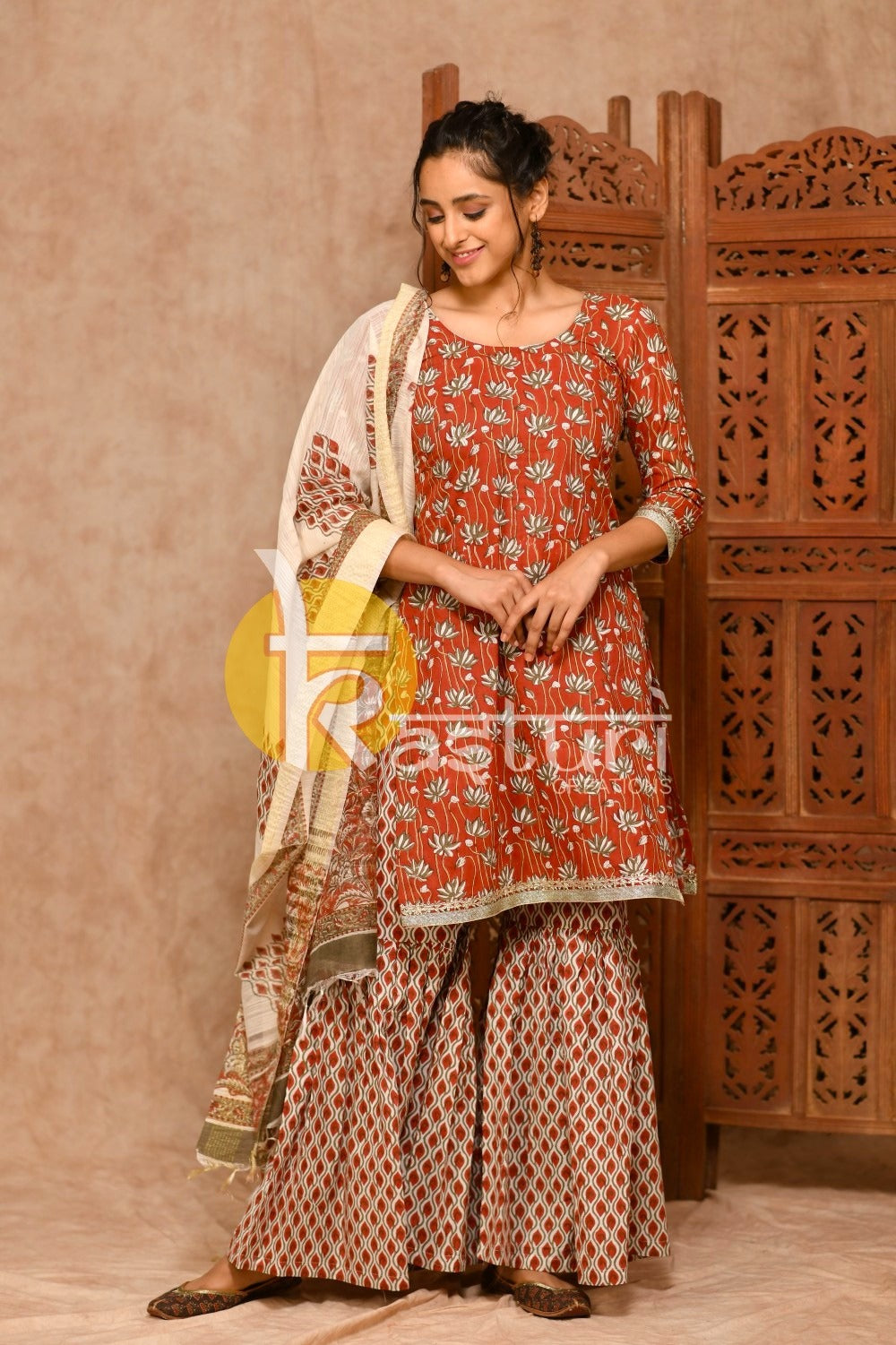 Rust handblock print kurta with sharara pant set JOLLY20