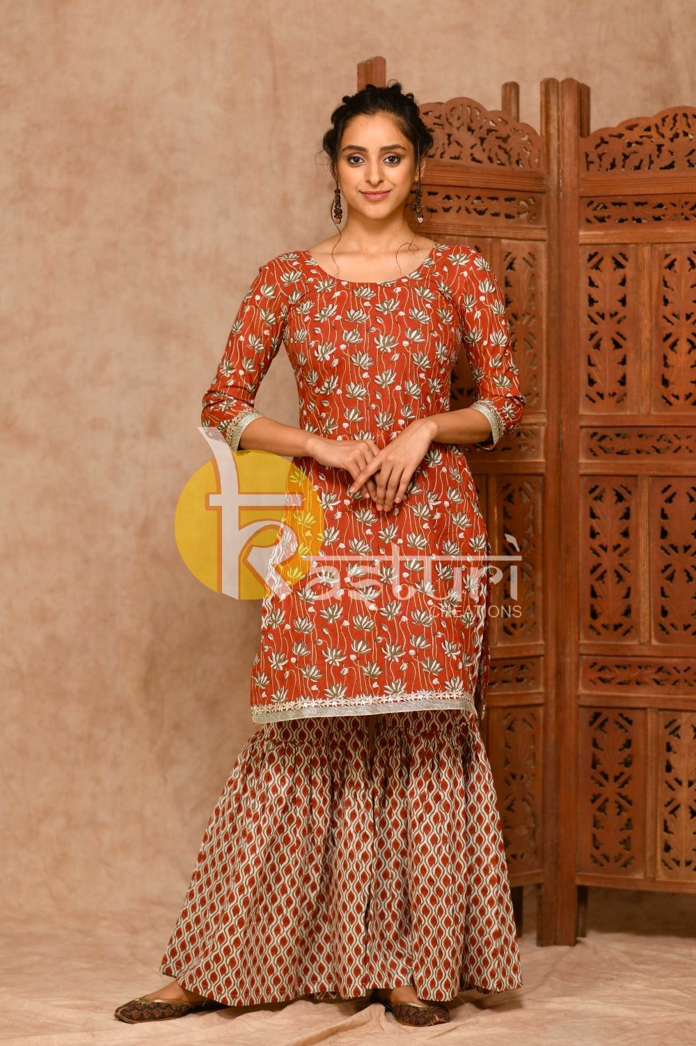 Rust handblock print kurta with sharara pant set JOLLY20