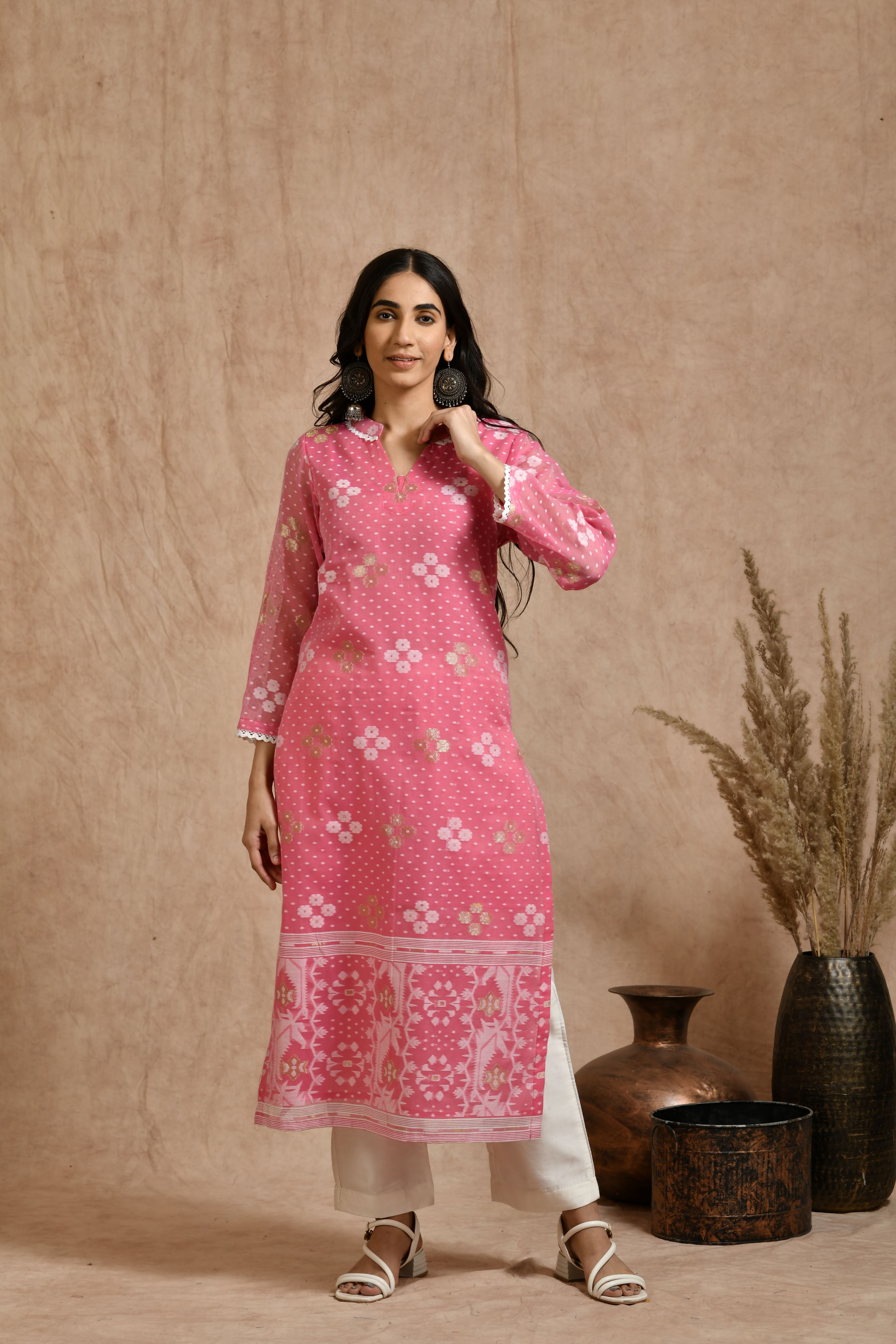 A Fine Jamdani classic kurta Pant Set With Dupatta JD 08
