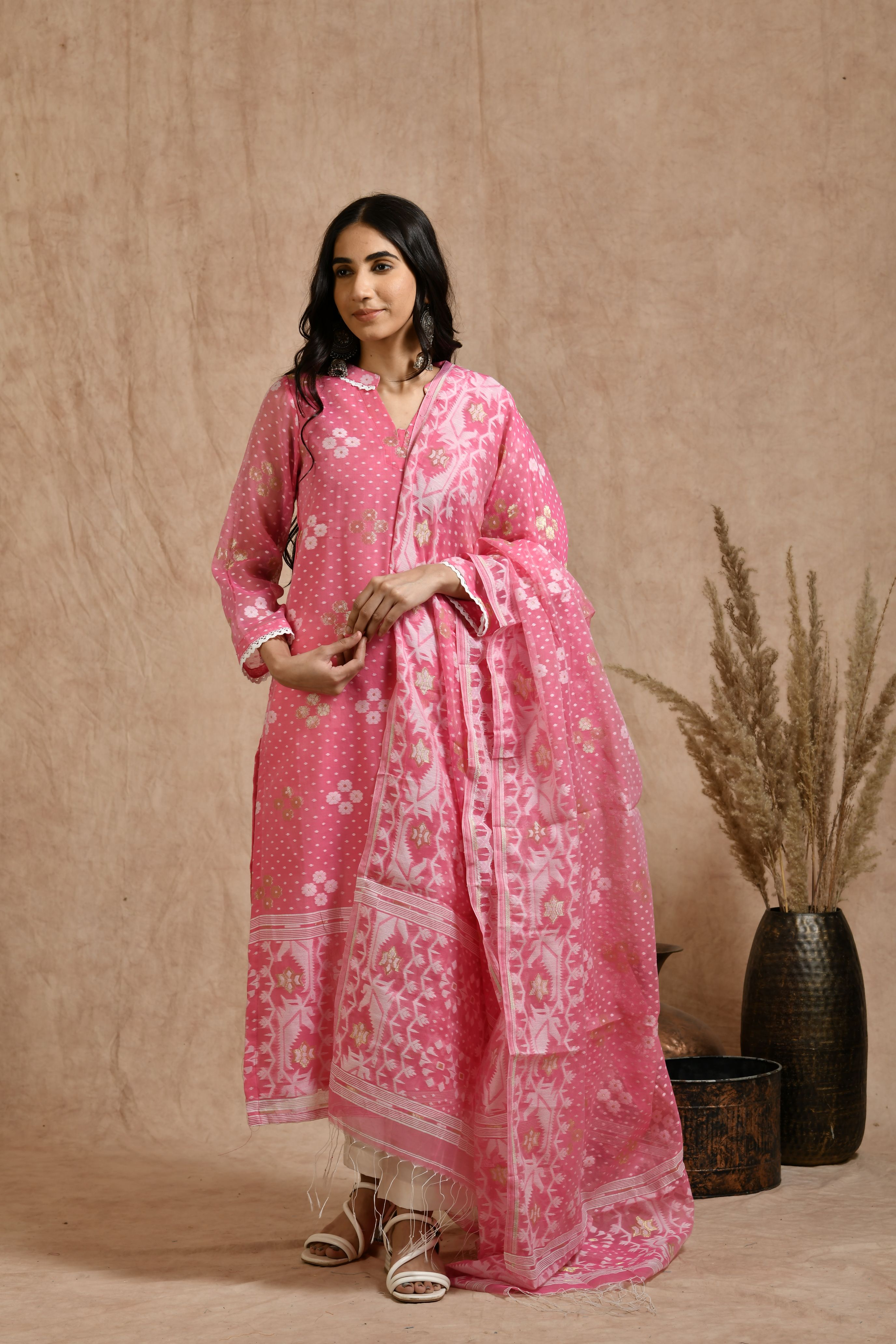 A Fine Jamdani classic kurta Pant Set With Dupatta JD 08