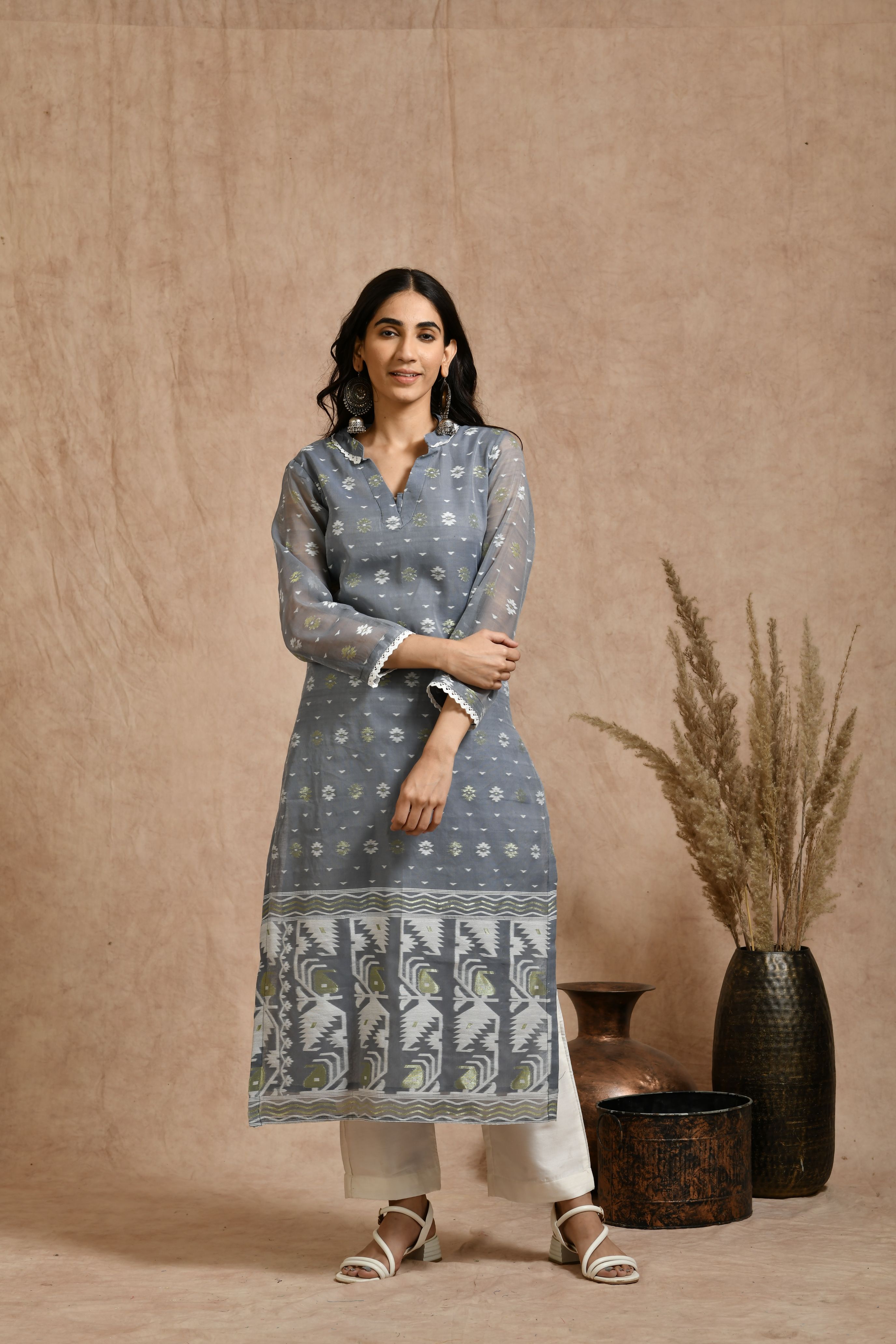 Fine Jamdani Classic Kurta Pant Set With Dupatta JD 14