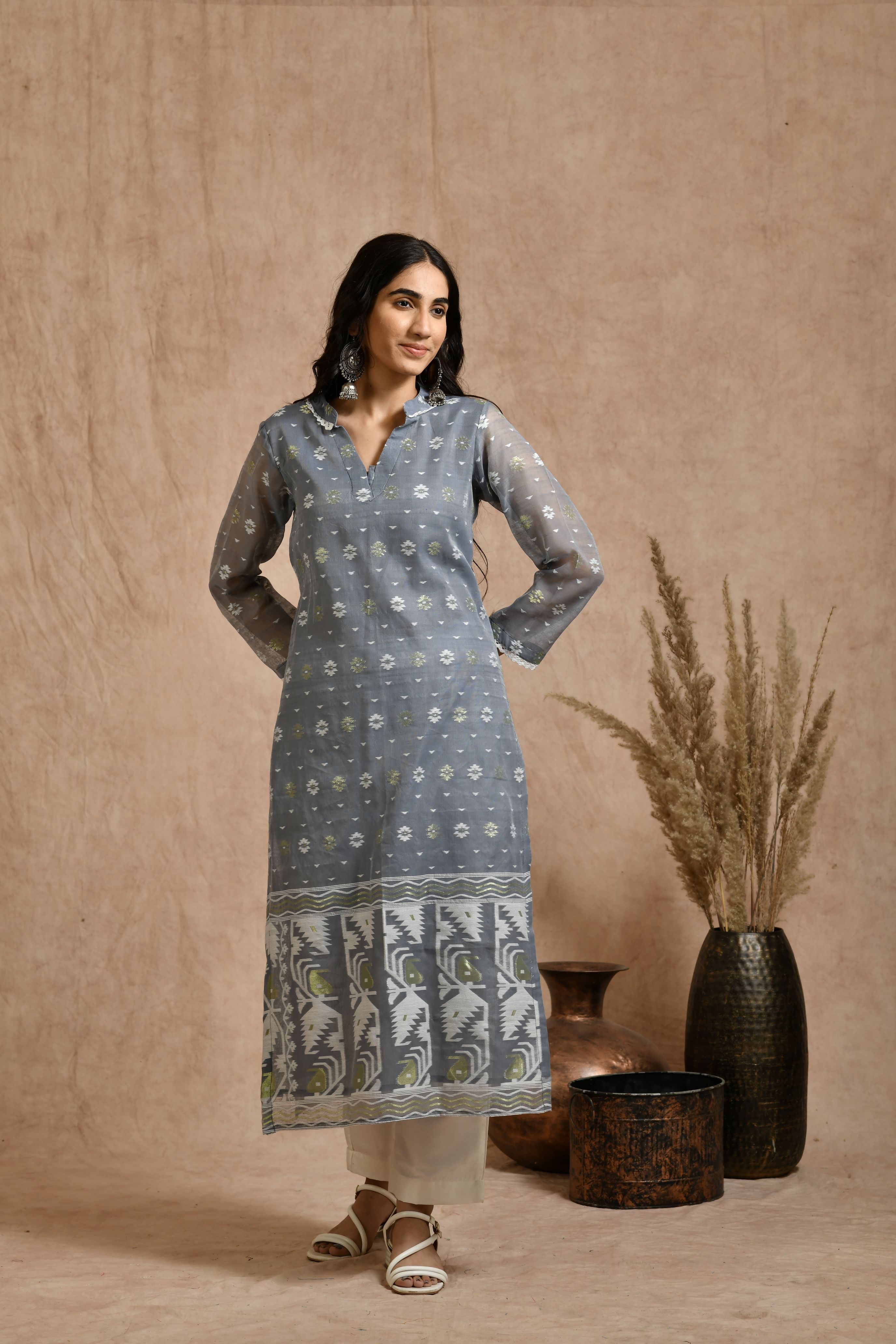 Fine Jamdani Classic Kurta Pant Set With Dupatta JD 14