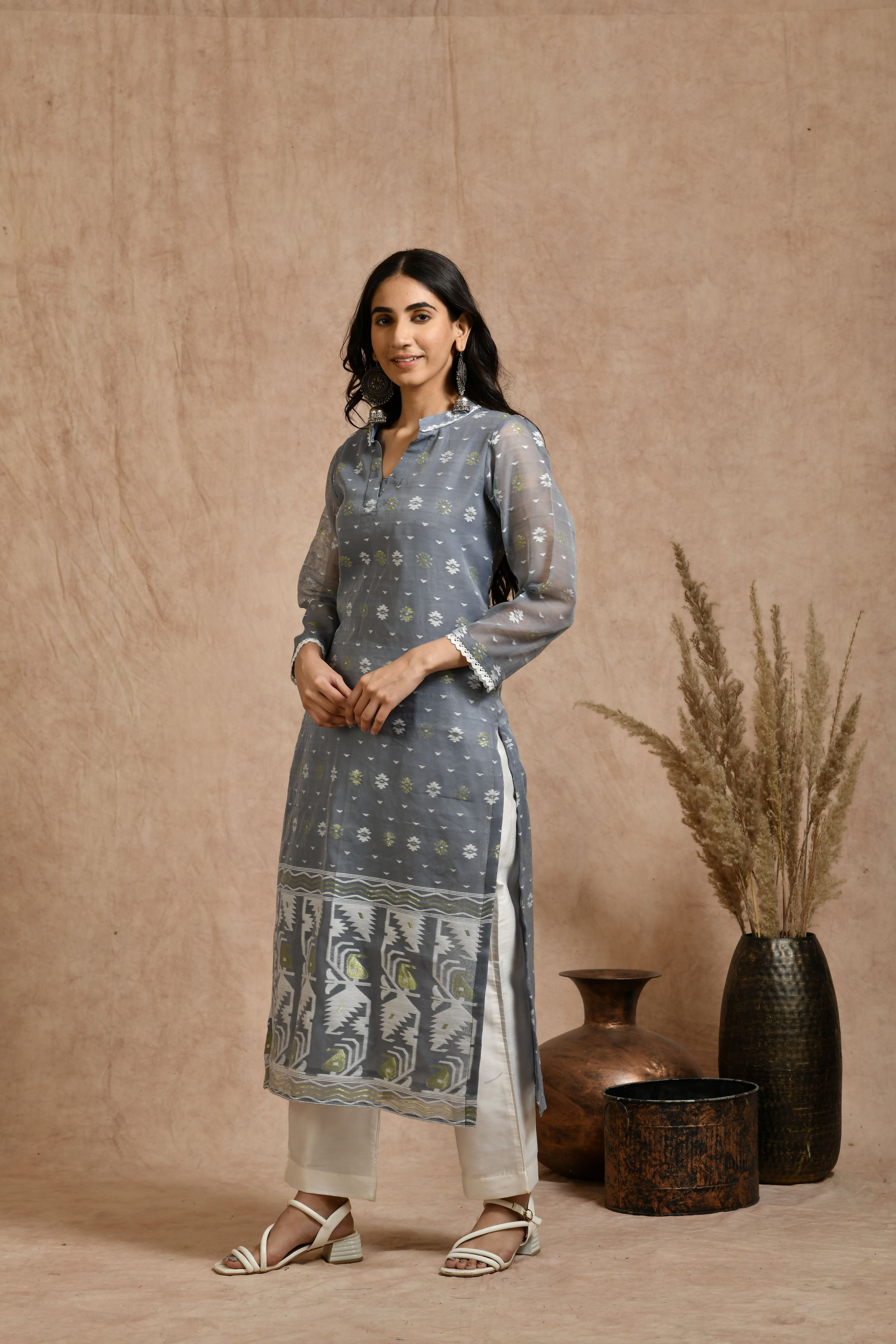 Fine Jamdani Classic Kurta Pant Set With Dupatta JD 14