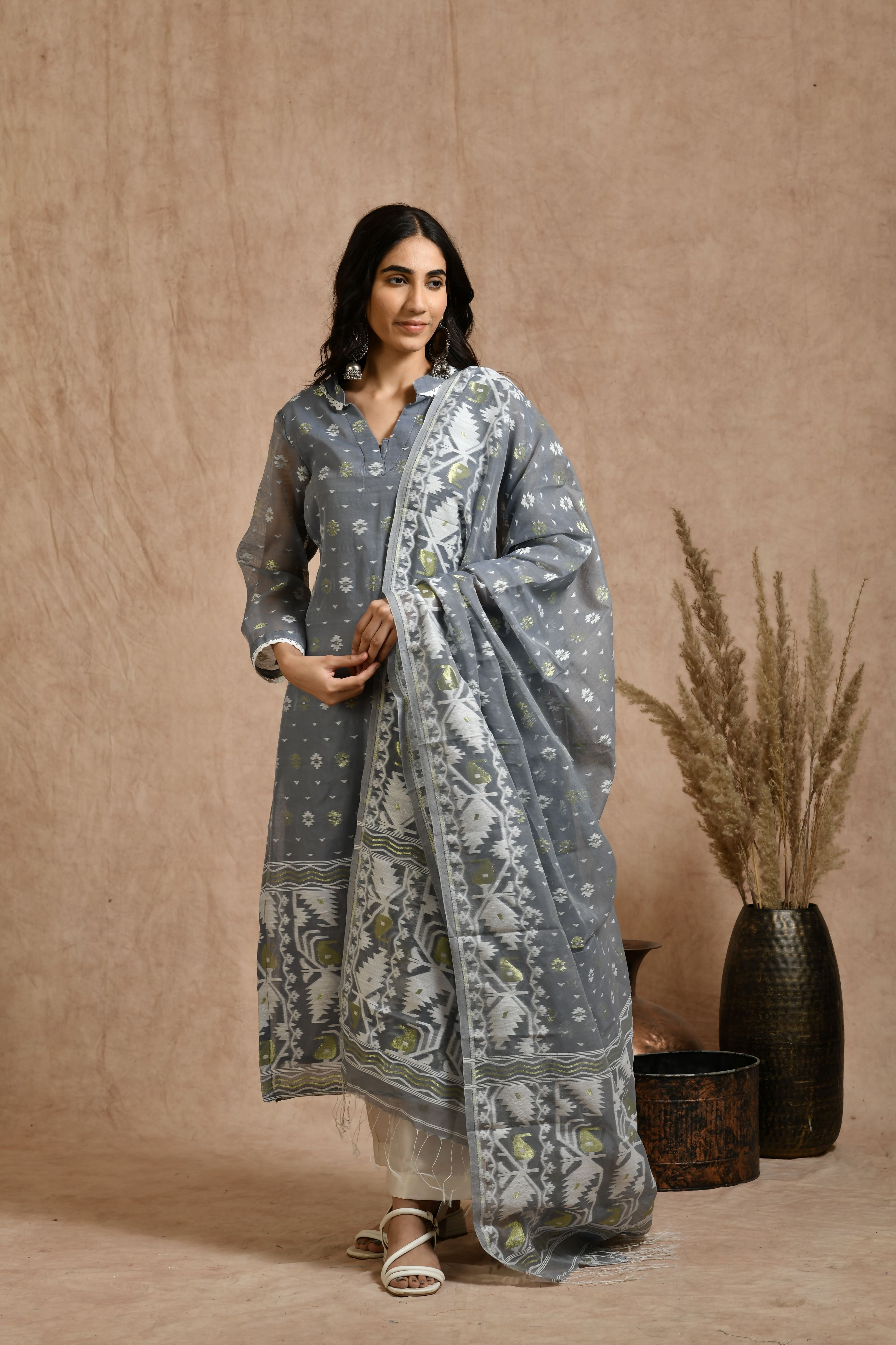 Fine Jamdani Classic Kurta Pant Set With Dupatta JD 14