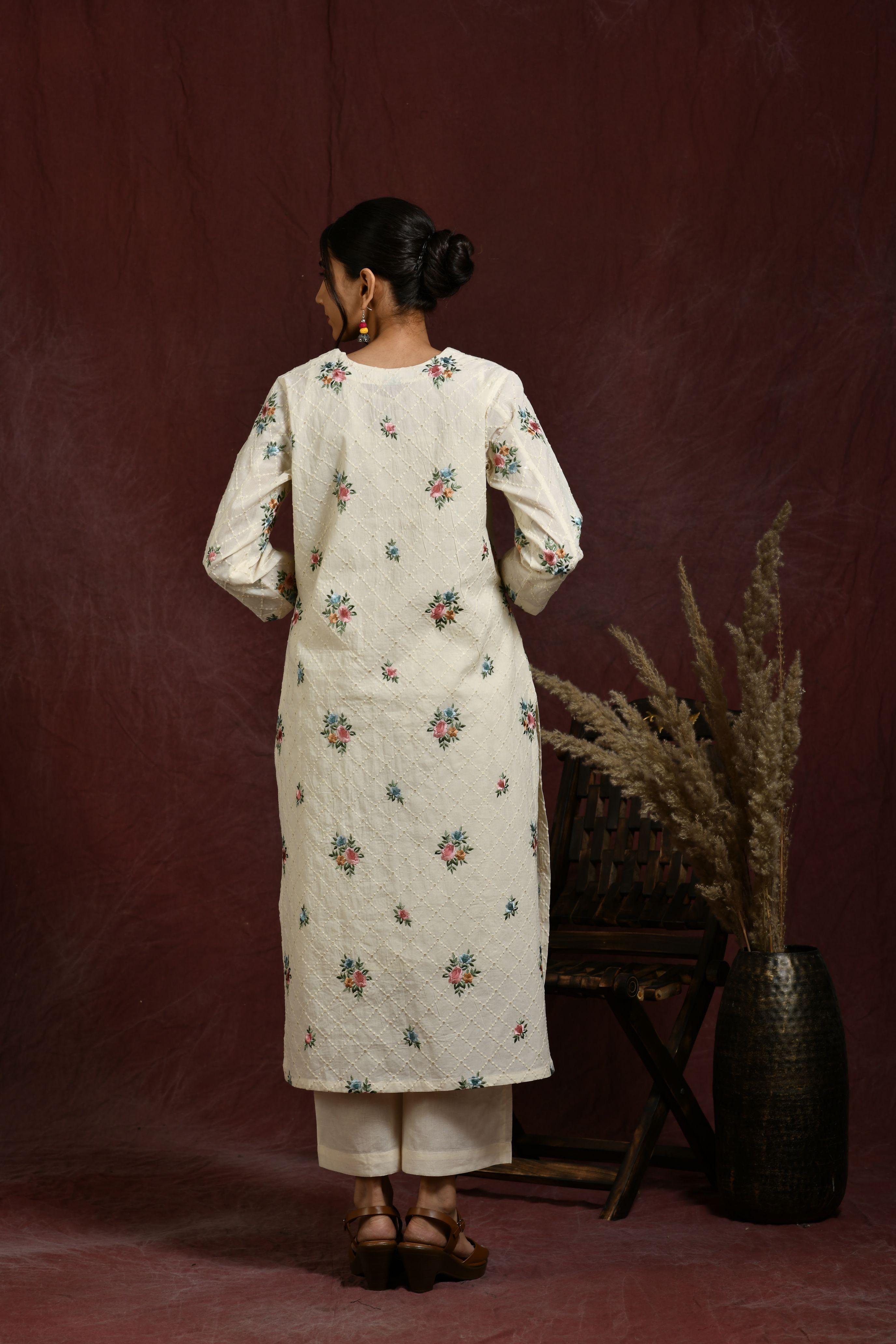 White and multicolor flower embroidered kurta and pant set