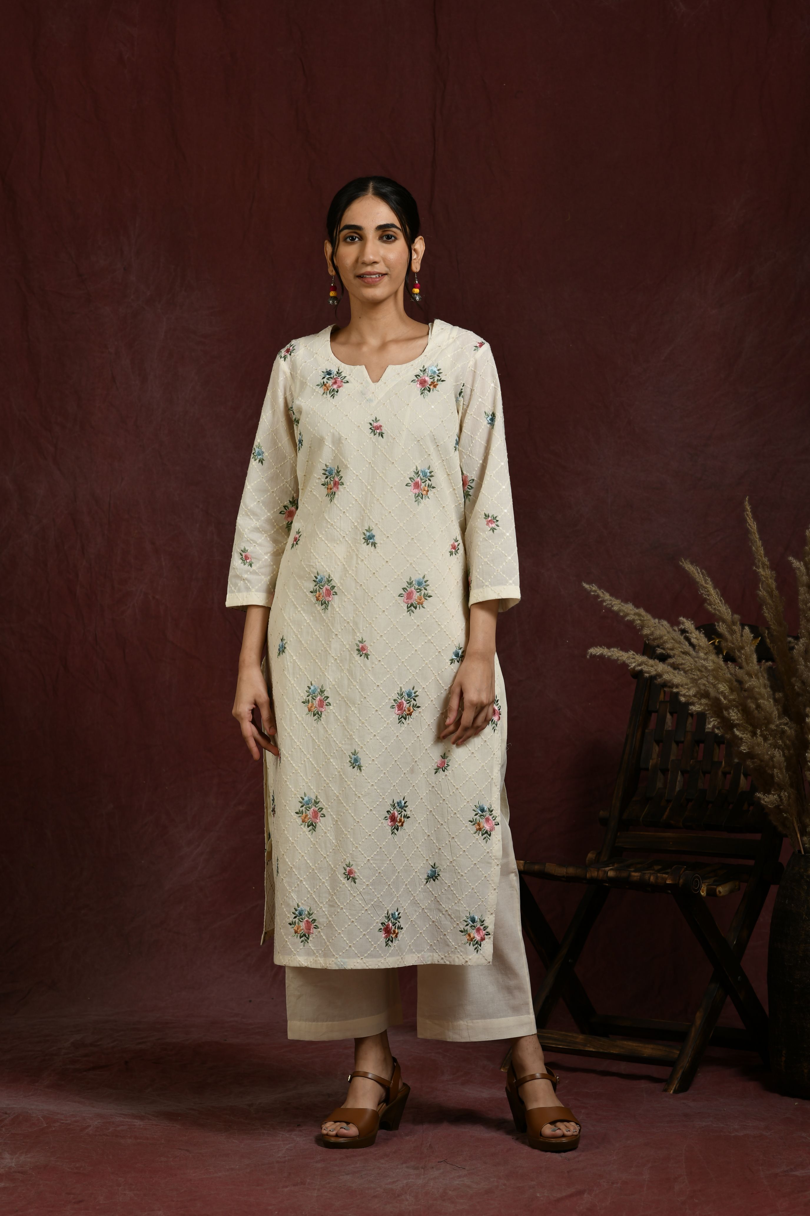 White and multicolor flower embroidered kurta and pant set