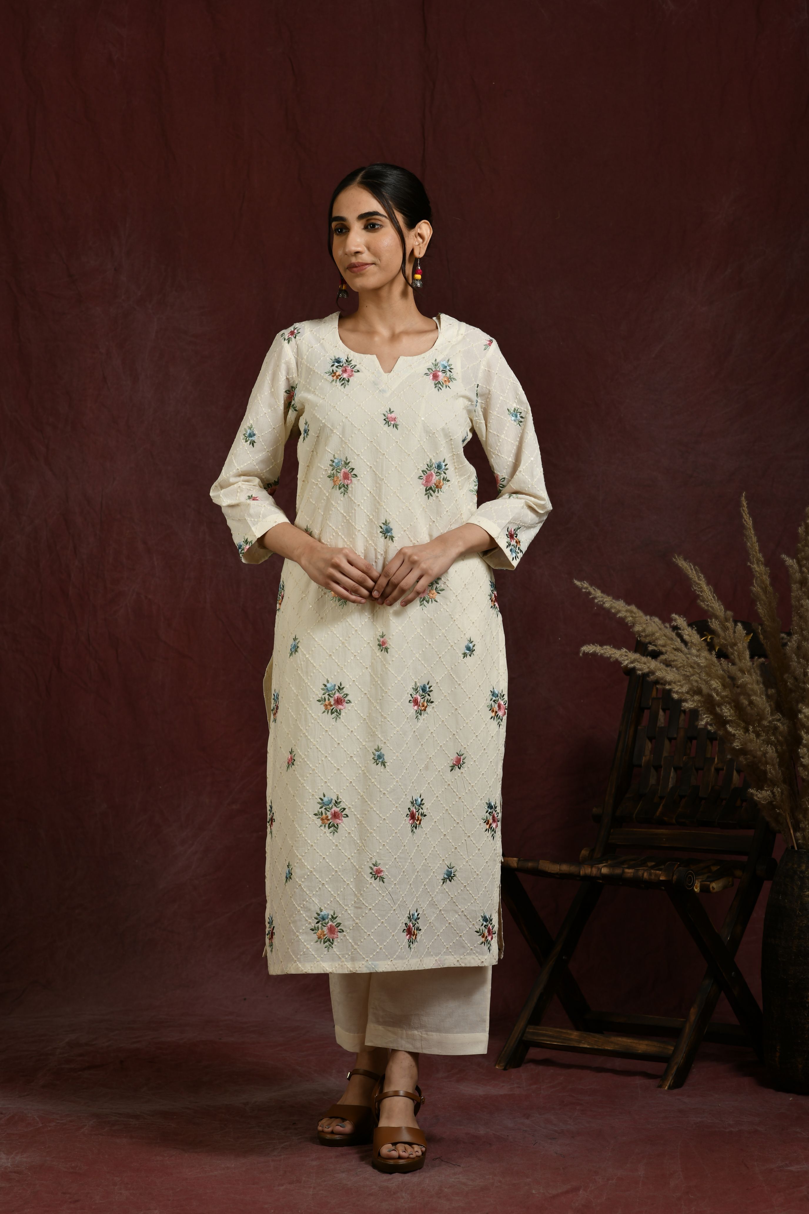 White and multicolor flower embroidered kurta and pant set