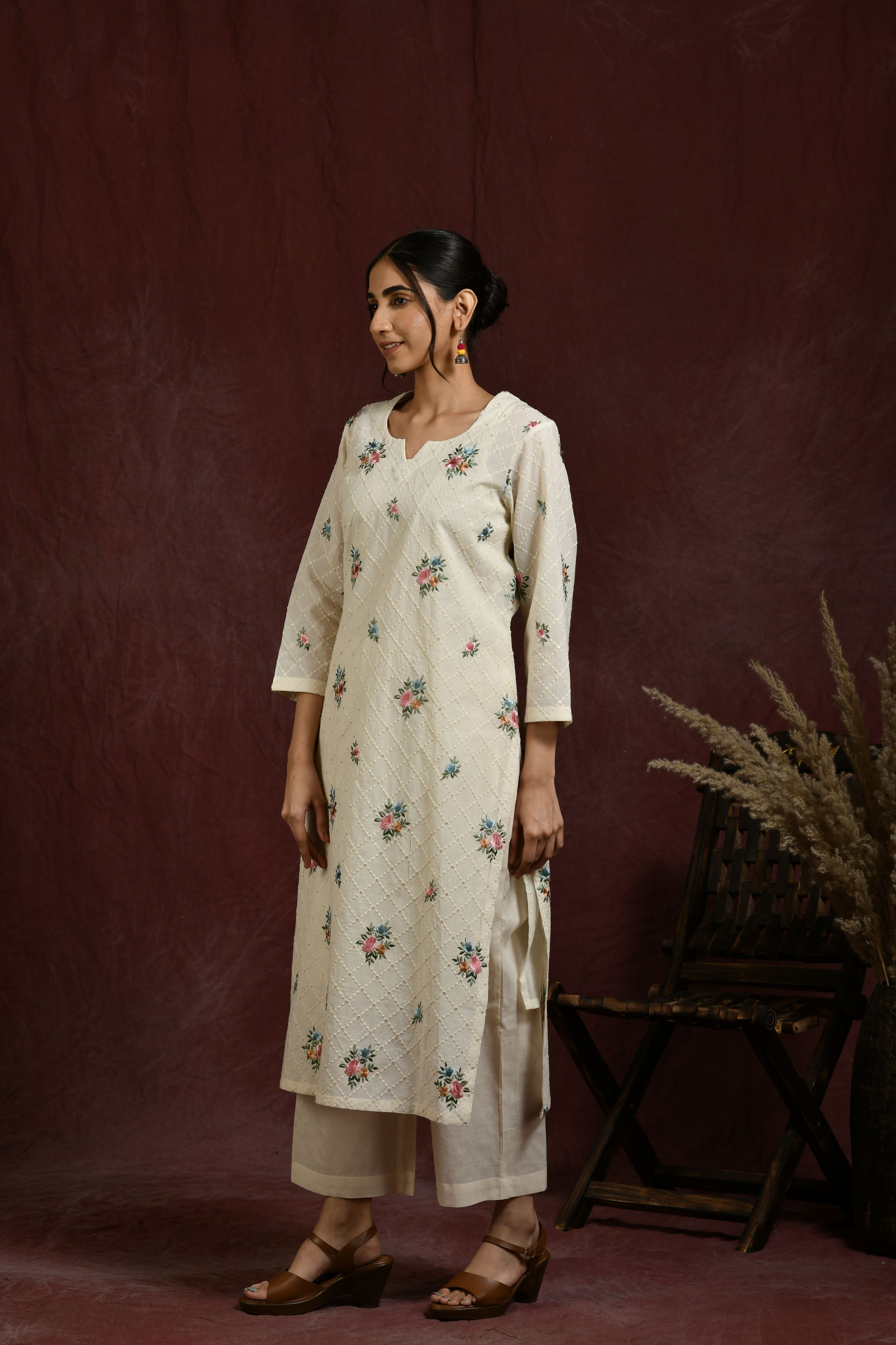 White and multicolor flower embroidered kurta and pant set