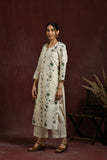 White and green flower embroidered kurta and pant set