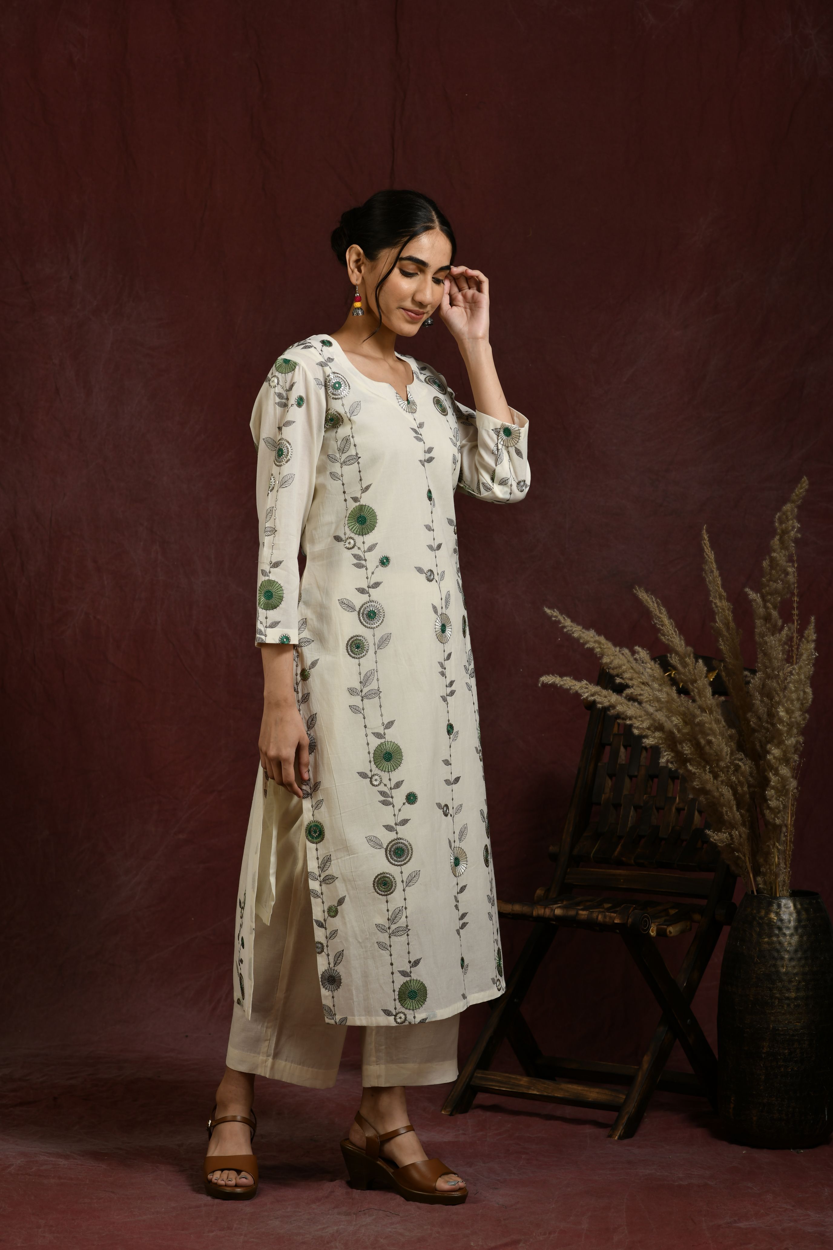 White and green flower embroidered kurta and pant set