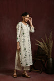White and green flower embroidered kurta and pant set