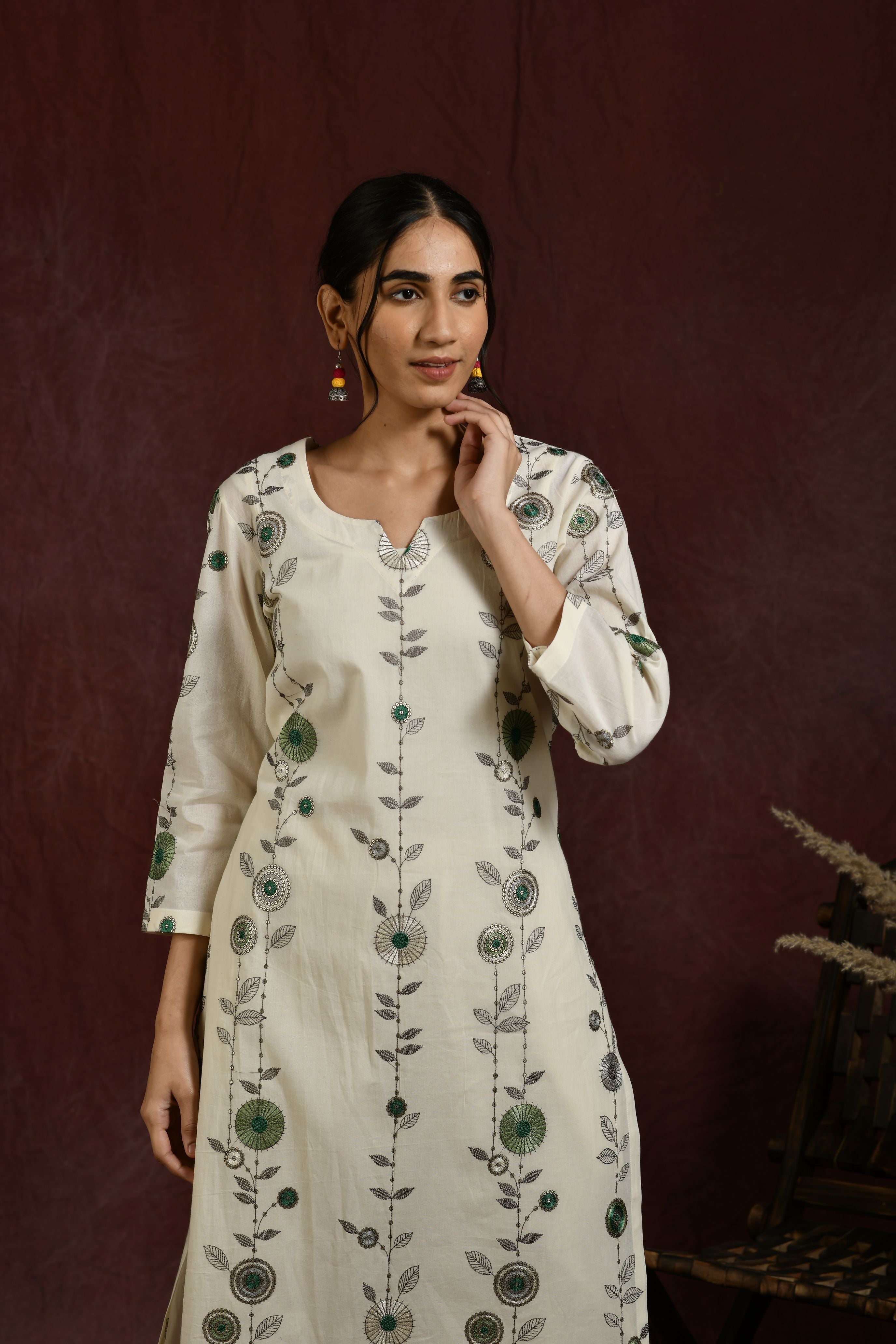 White and green flower embroidered kurta and pant set