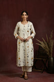White and  mustard flower embroidered kurta and pant set