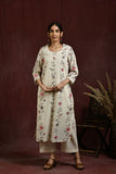 White and pink flower embroidered kurta and pant set