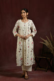 White and pink flower embroidered kurta and pant set