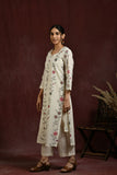 White and pink flower embroidered kurta and pant set
