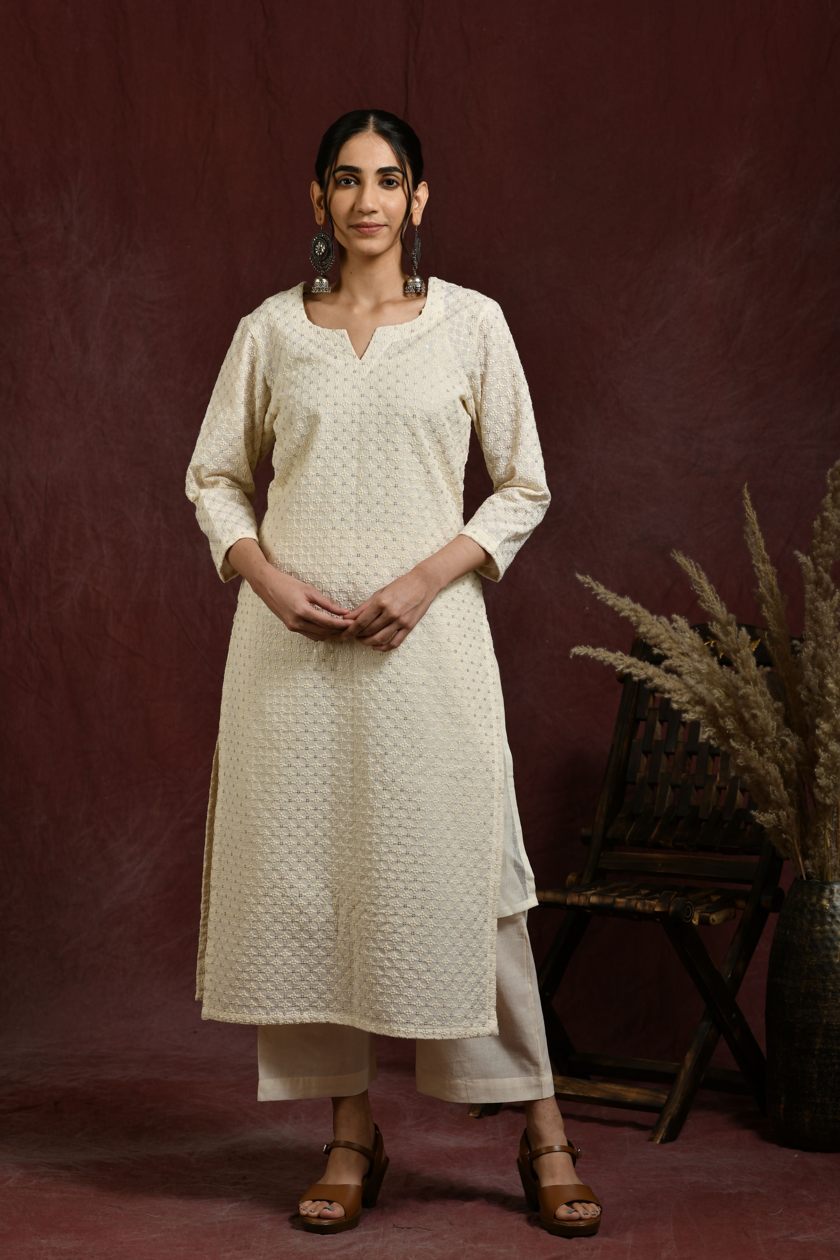 White and golden self embroidered kurta and pant set