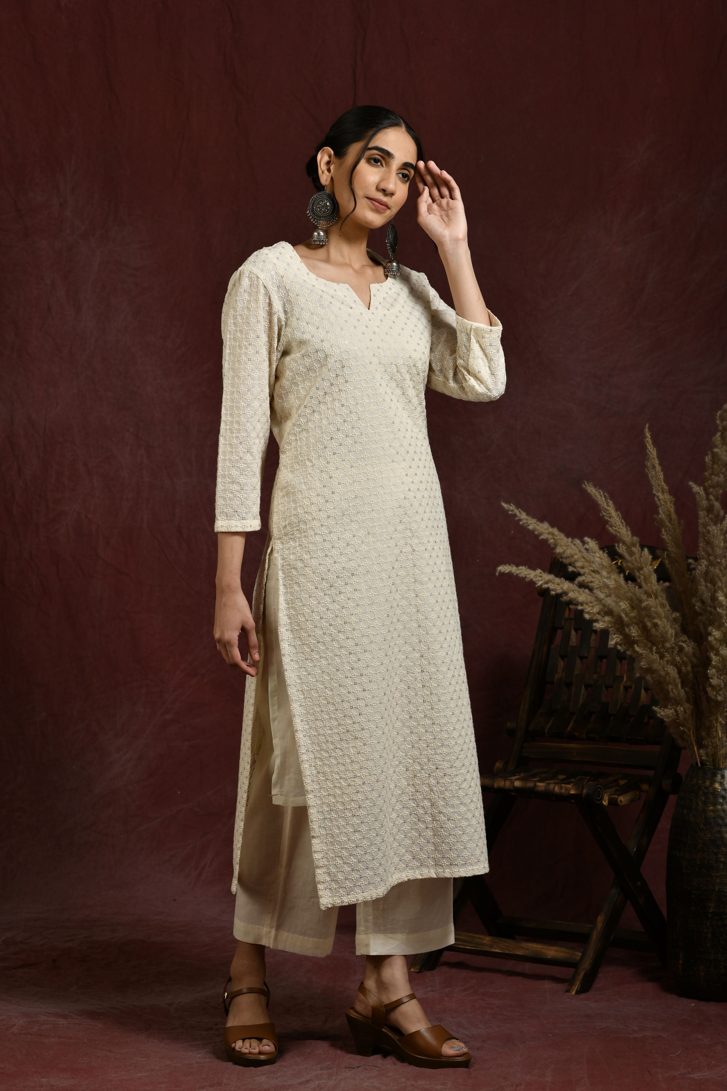 White and golden self embroidered kurta and pant set