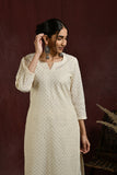 White and golden self embroidered kurta and pant set