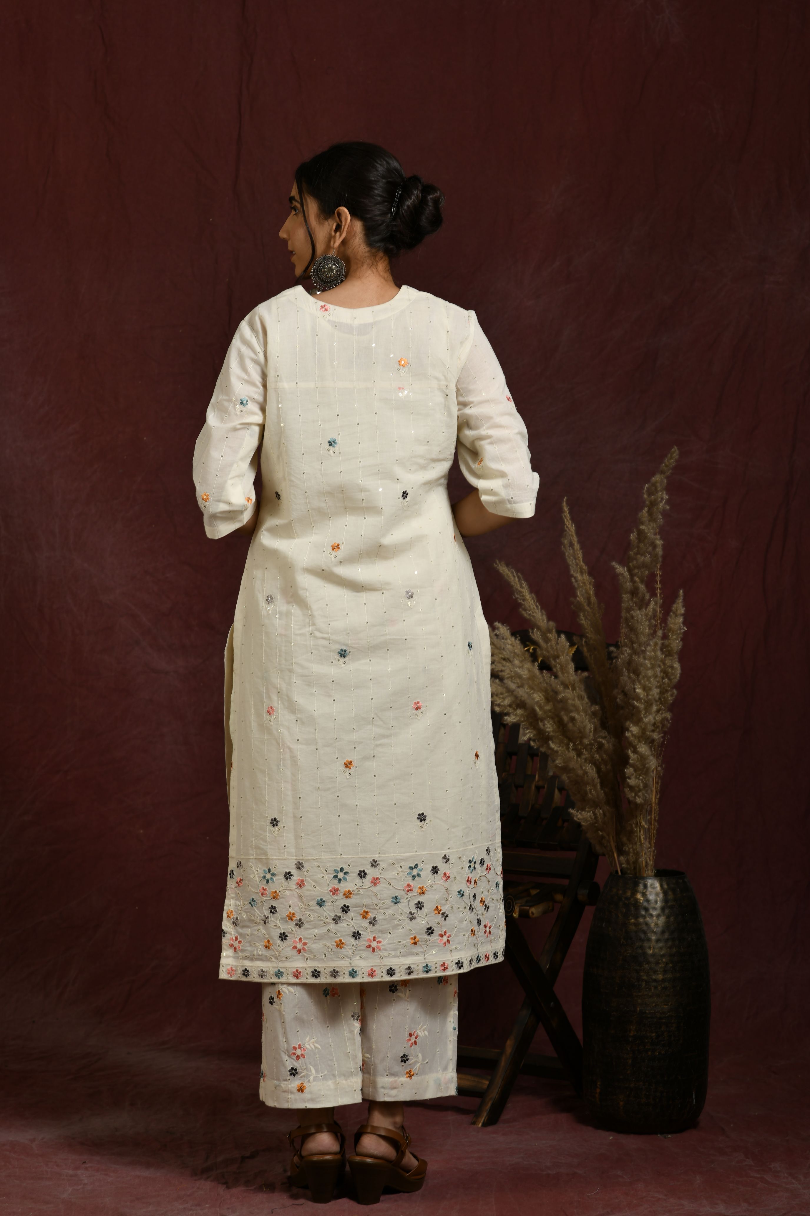 White and multi flower embroidered kurta and pant set