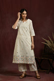 White and multi flower embroidered kurta and pant set