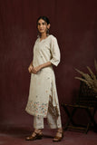 White and multi flower embroidered kurta and pant set