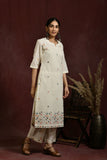 White and multi flower embroidered kurta and pant set